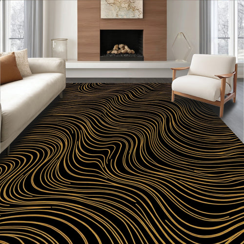 Abstract Golden Wavy Lines Rug
