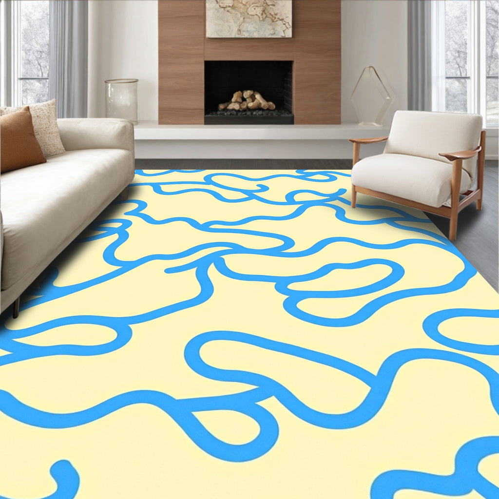 Abstract Blue Wavy Pattern Rug