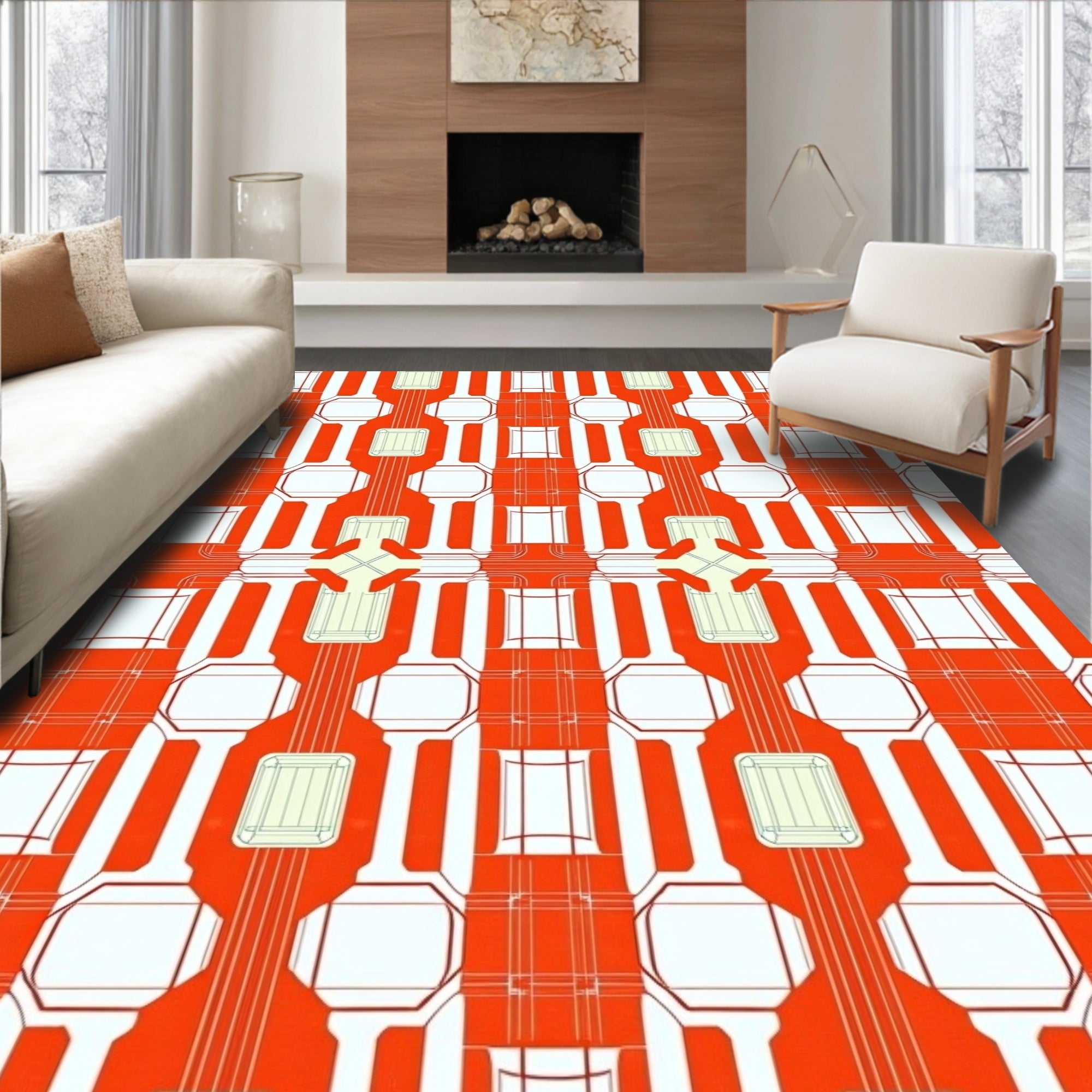 Bold Red Graphic Geometric Pattern Rug