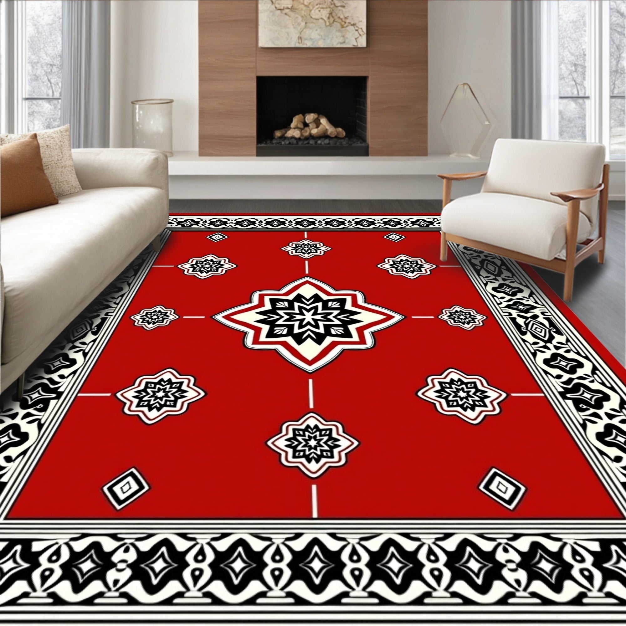 Intricate Geometric Red Black Design Rug