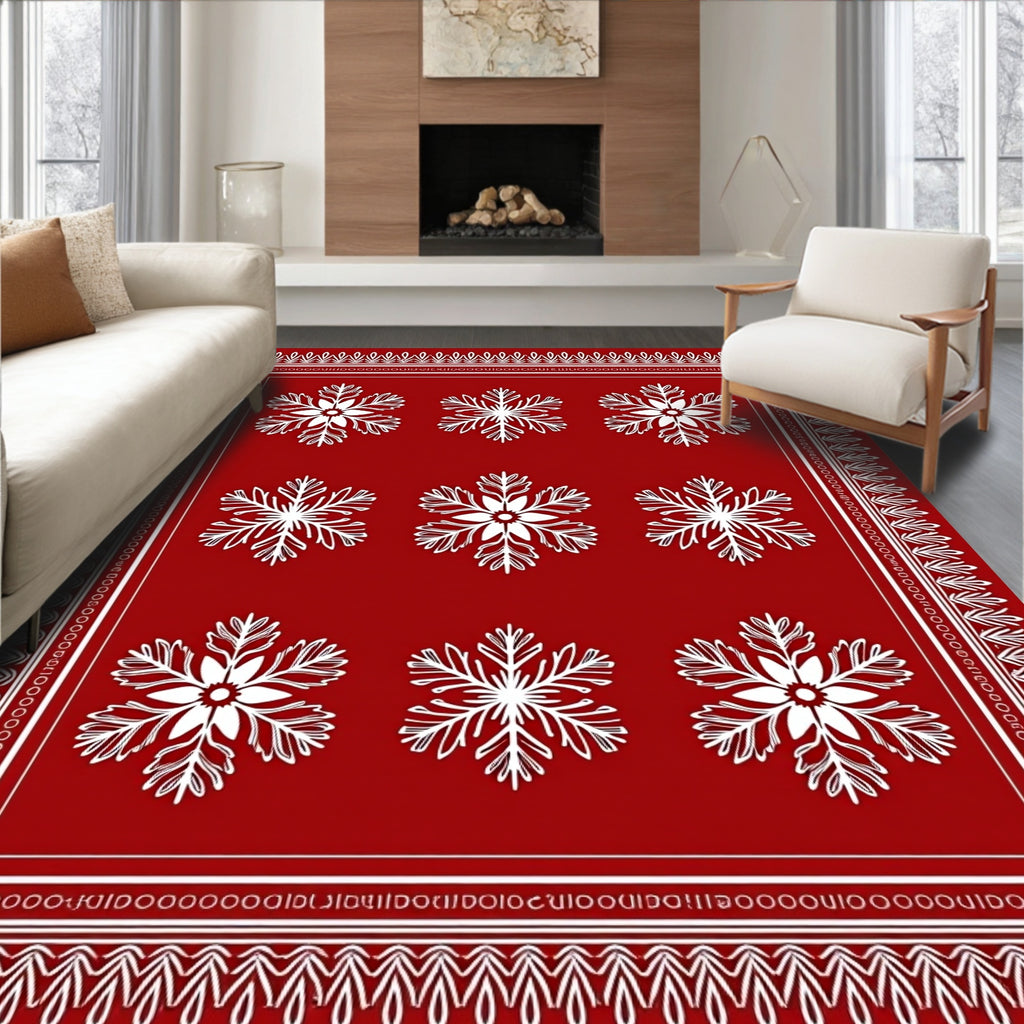 Red White Snowflake Medallion Border Rug
