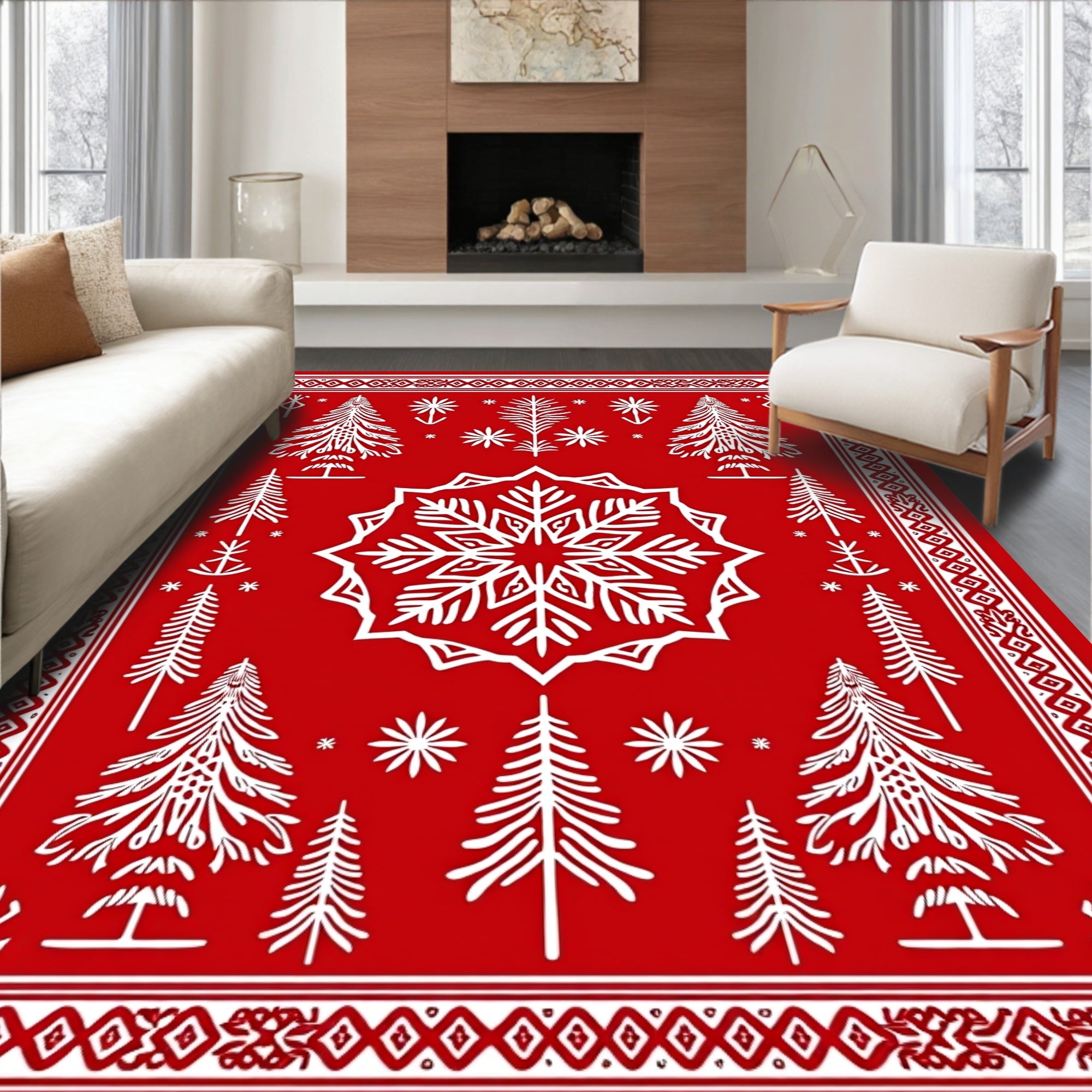 Red Winter Forest Snowflake Trees Rug