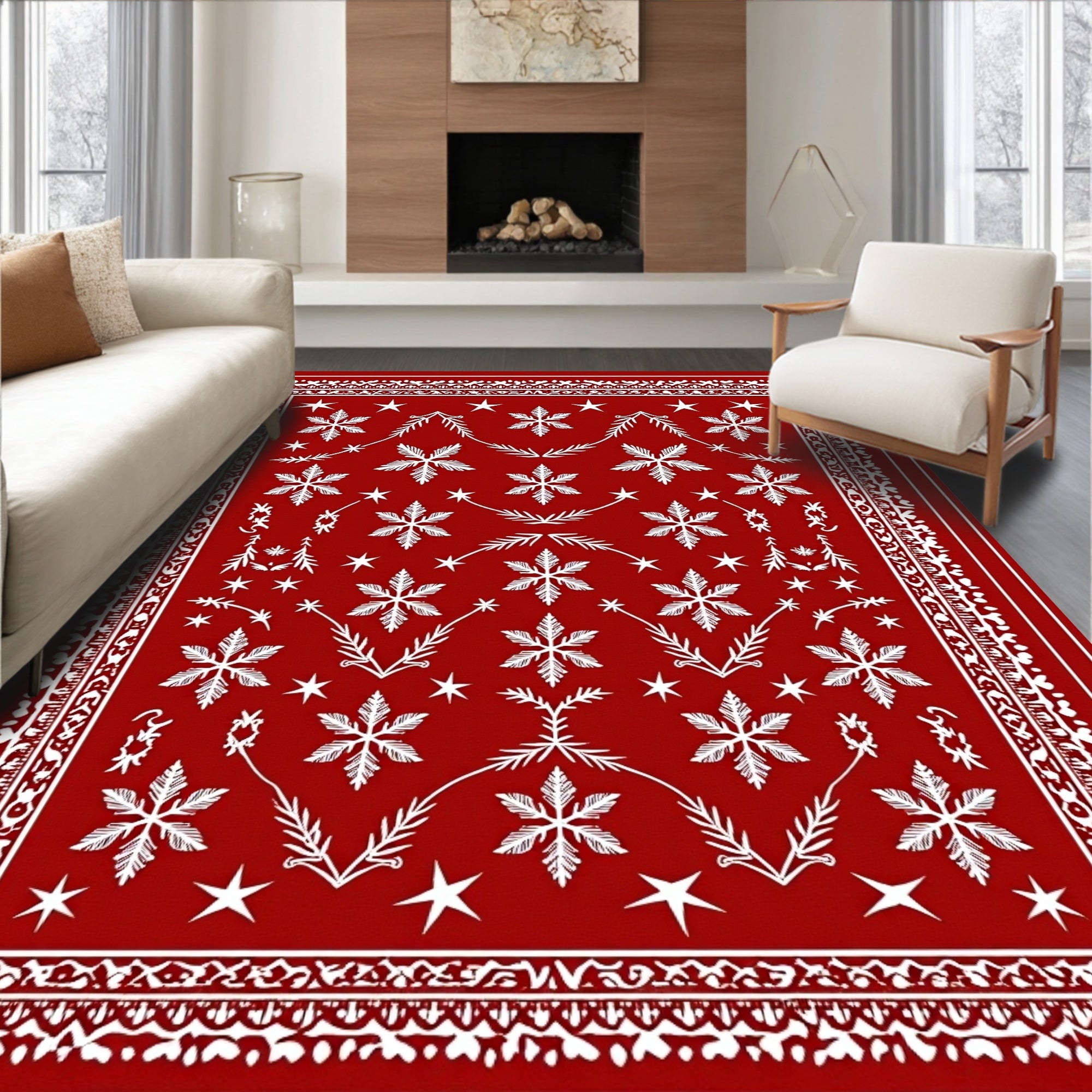 Red Snowflake Star Festive Pattern Rug