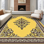 Elaborate Yellow Dark Brown Scroll Rug