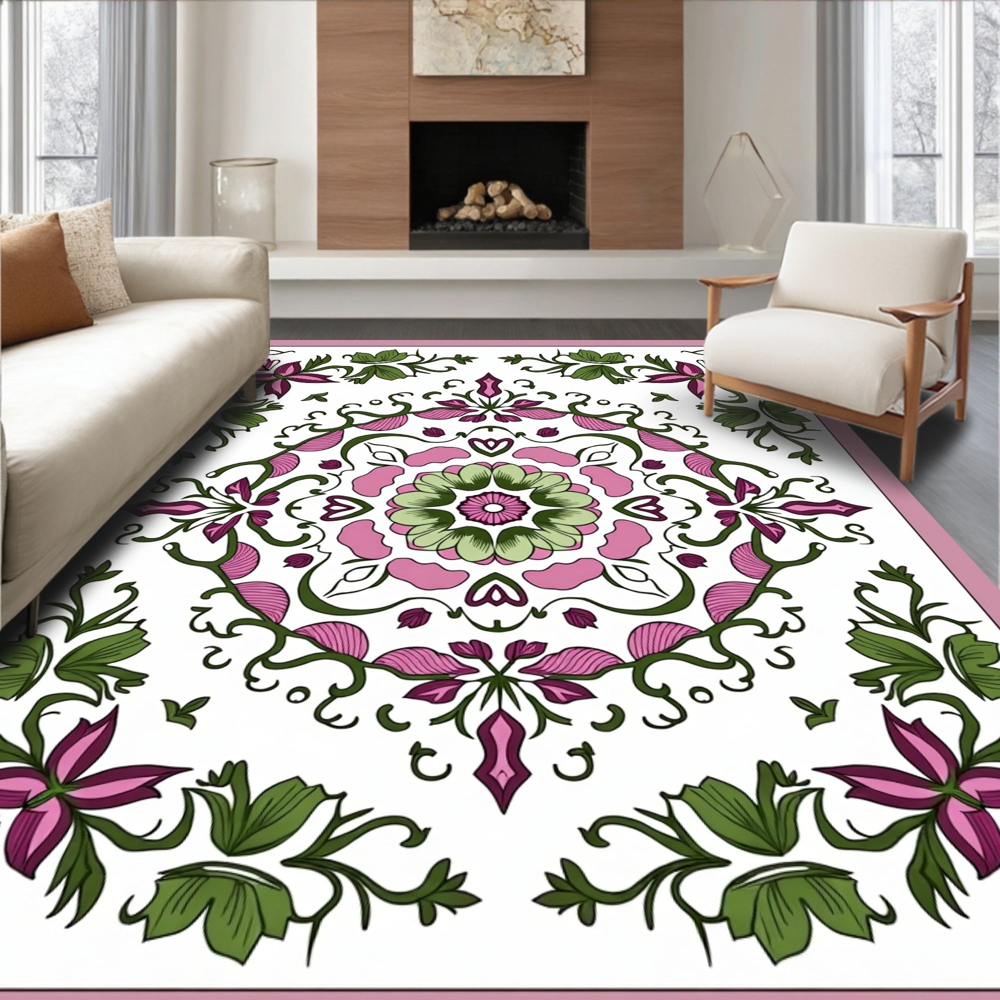 Floral Mandala With Pink And Green Accents Rug