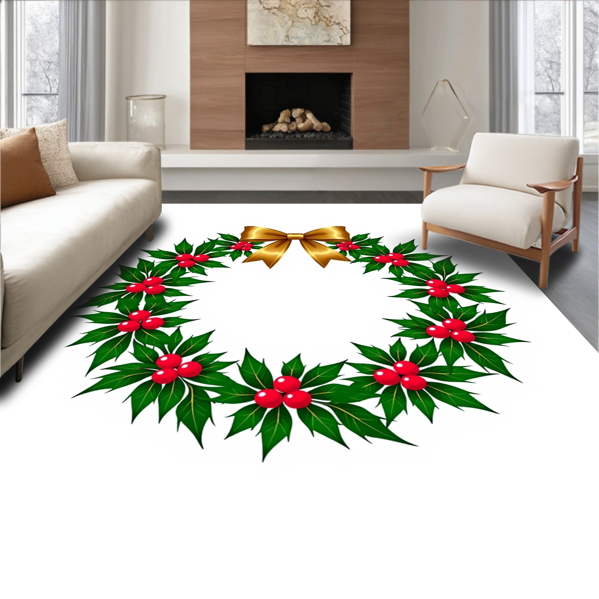 Gold Bow Holly Berry Wreath Rug