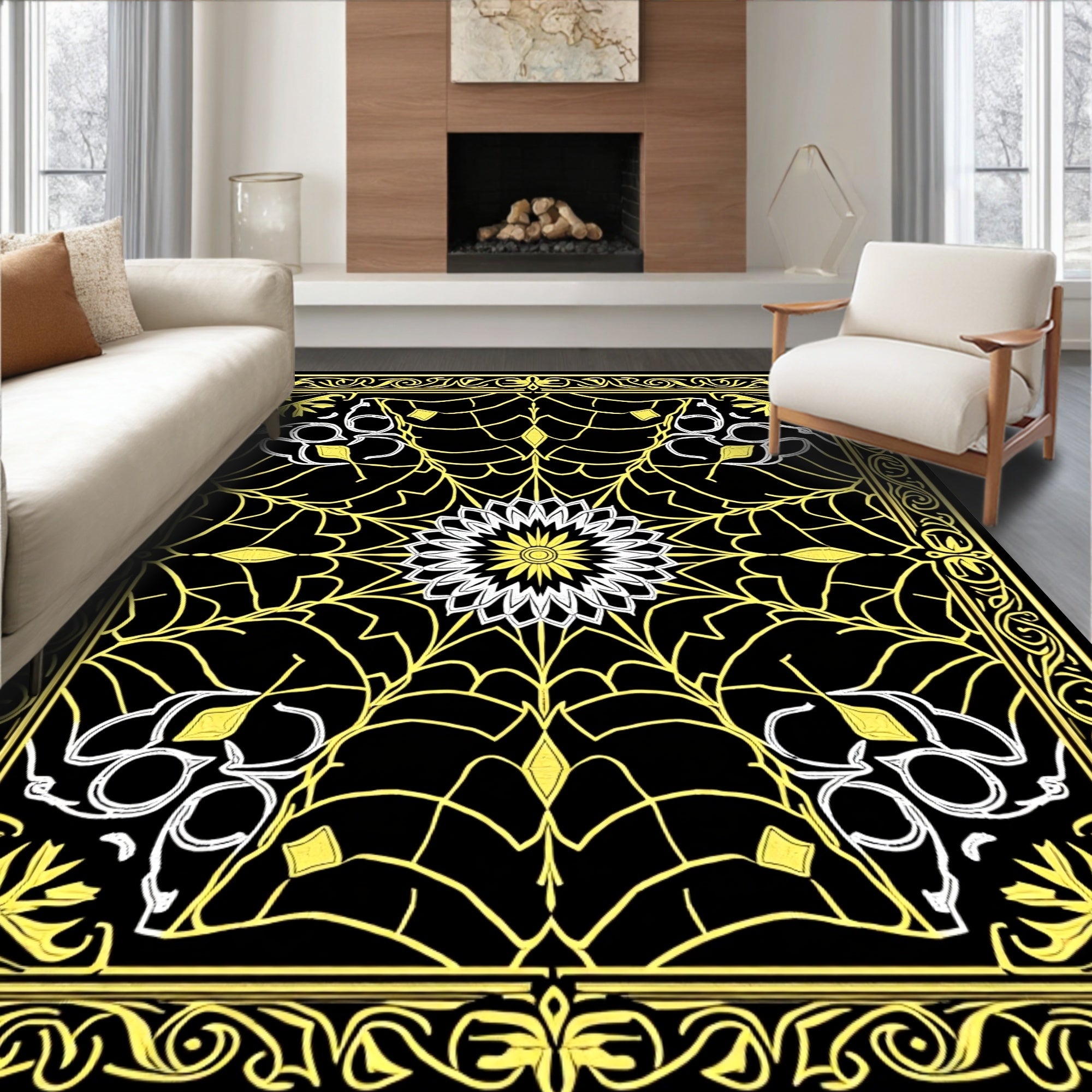 Elegant Yellow Black Floral Web Rug