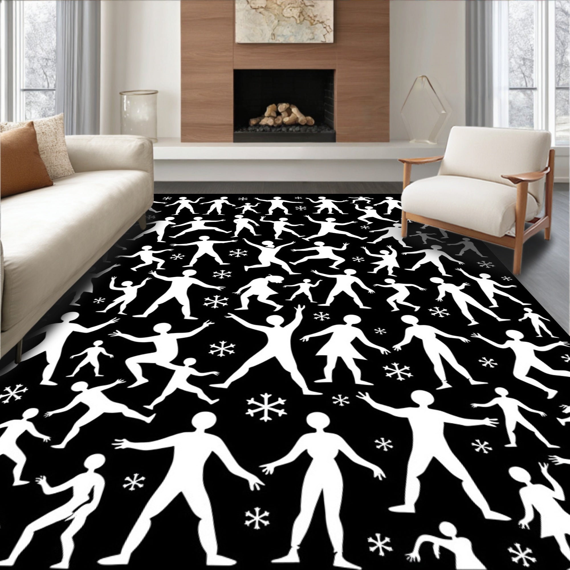 Dancing Figures And Snowflakes Pattern Rug