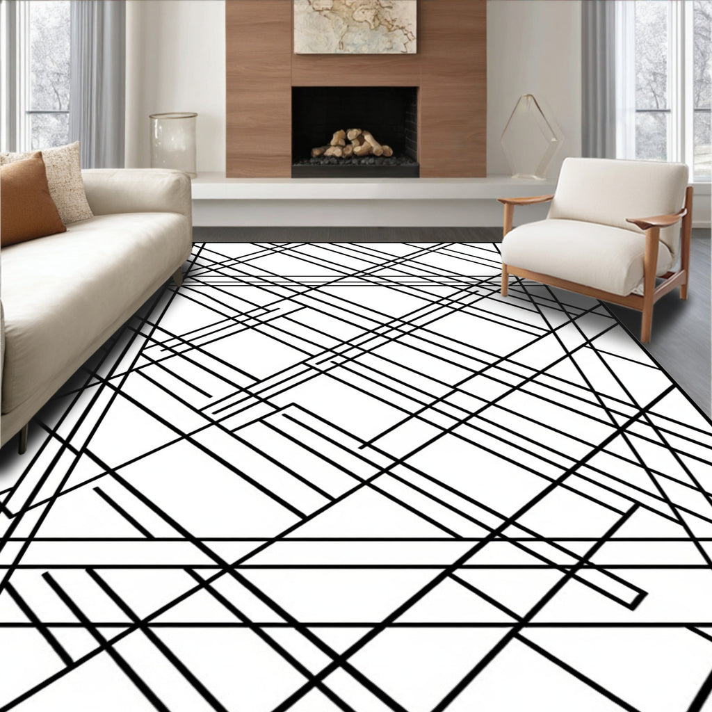 Black And White Geometric Lines Rug