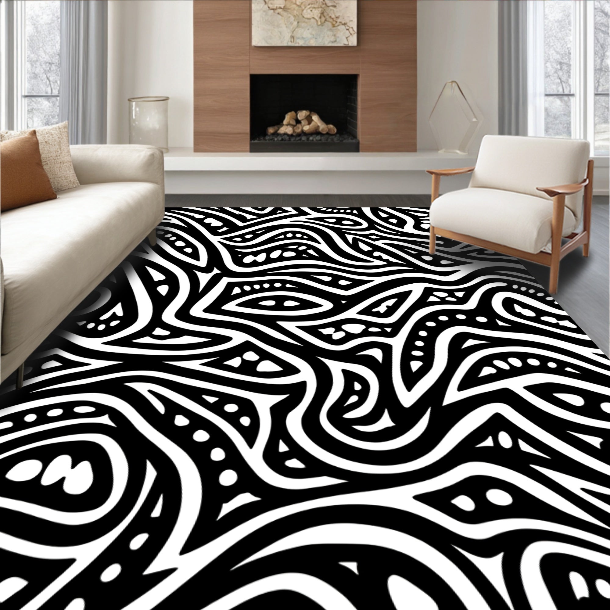 Abstract Black White Wavy Pattern Rug