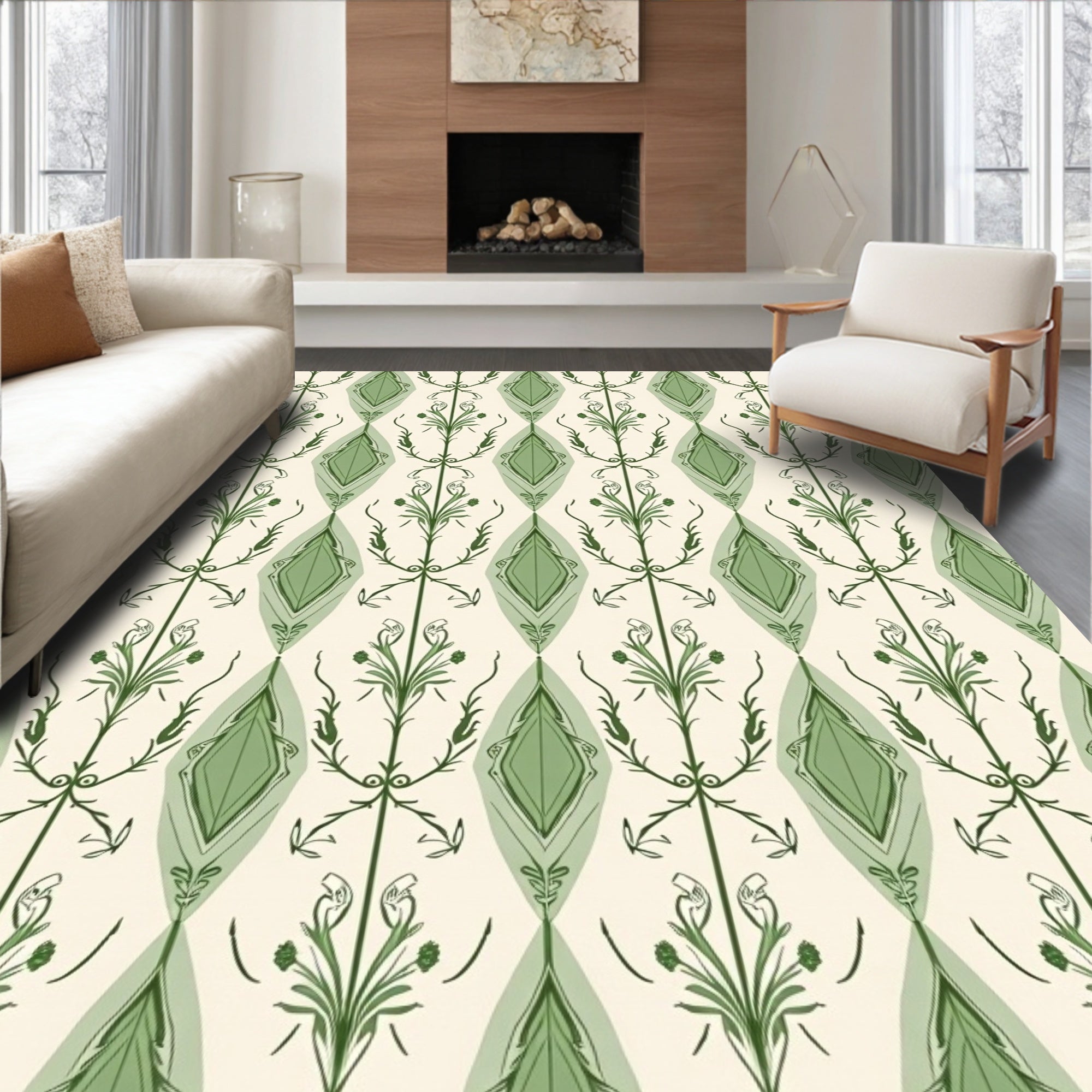 Green Floral Diamond Patterned Vintage Rug