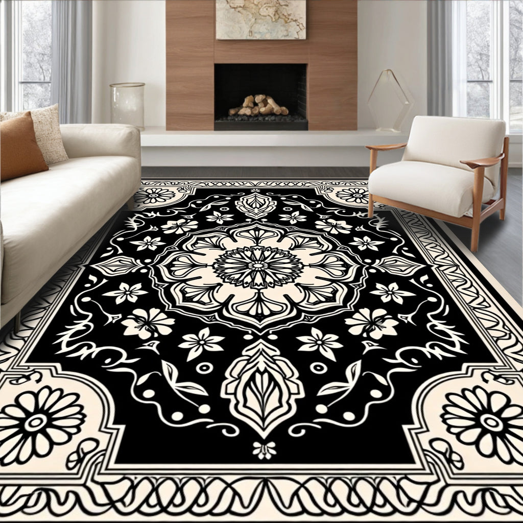 Black Floral Motif Mandala Design Rug