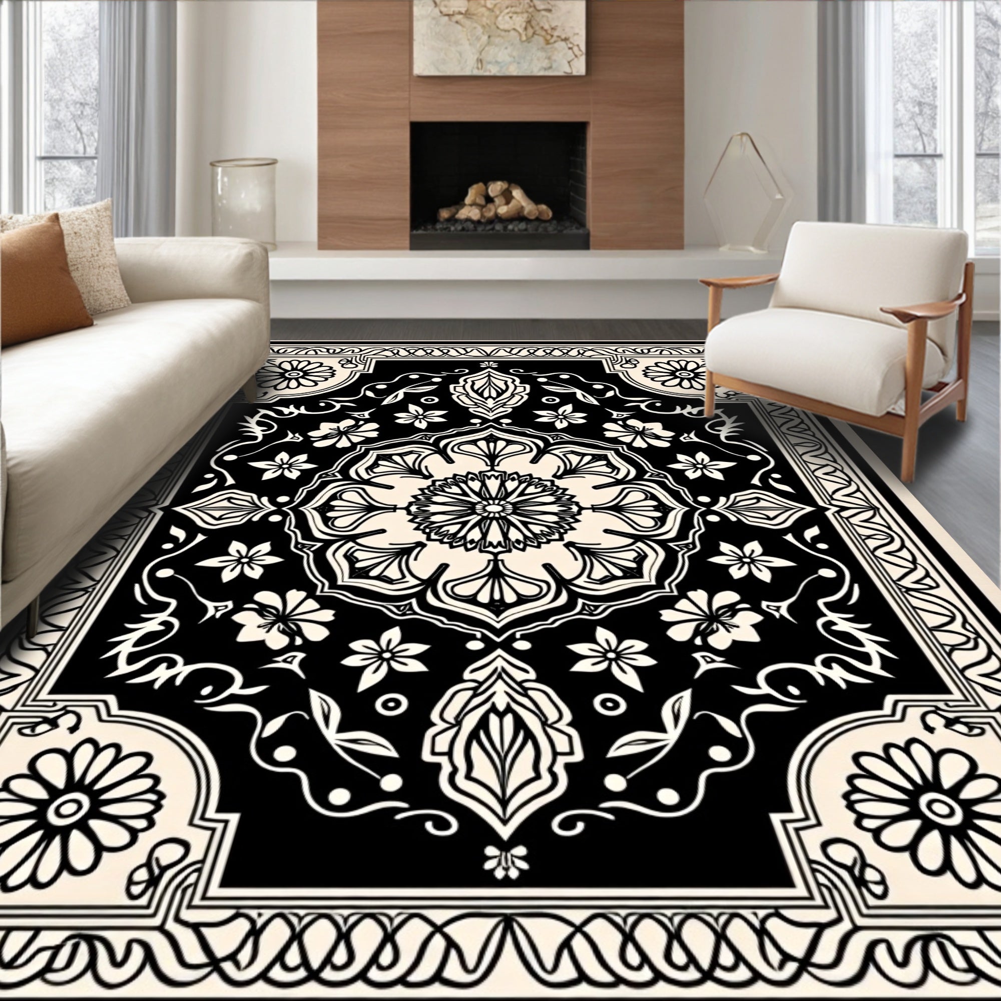 Black Floral Motif Mandala Design Rug