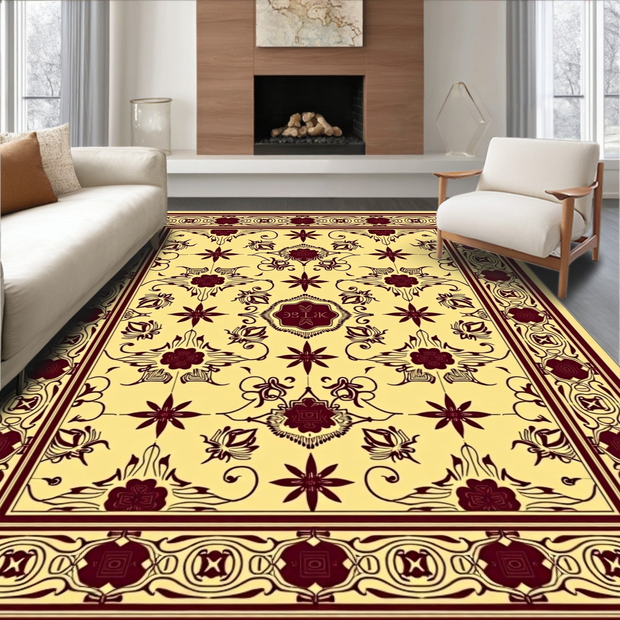 Rich Cream Floral Medallion Pattern Rug