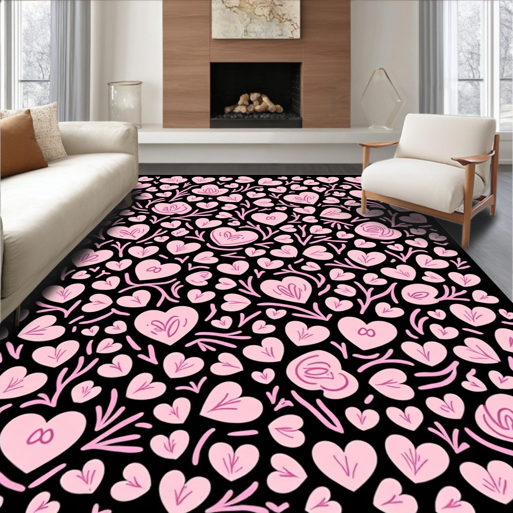 Pink Hearts With Twigs Pattern Rug