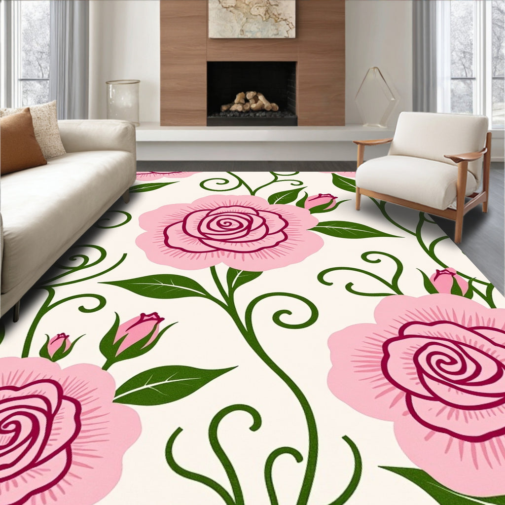 Pink Garden Rose Scroll Pattern Rug