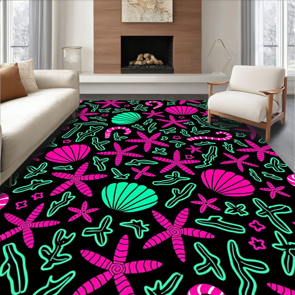 Bright Pink Teal Ocean Creatures Design Rug