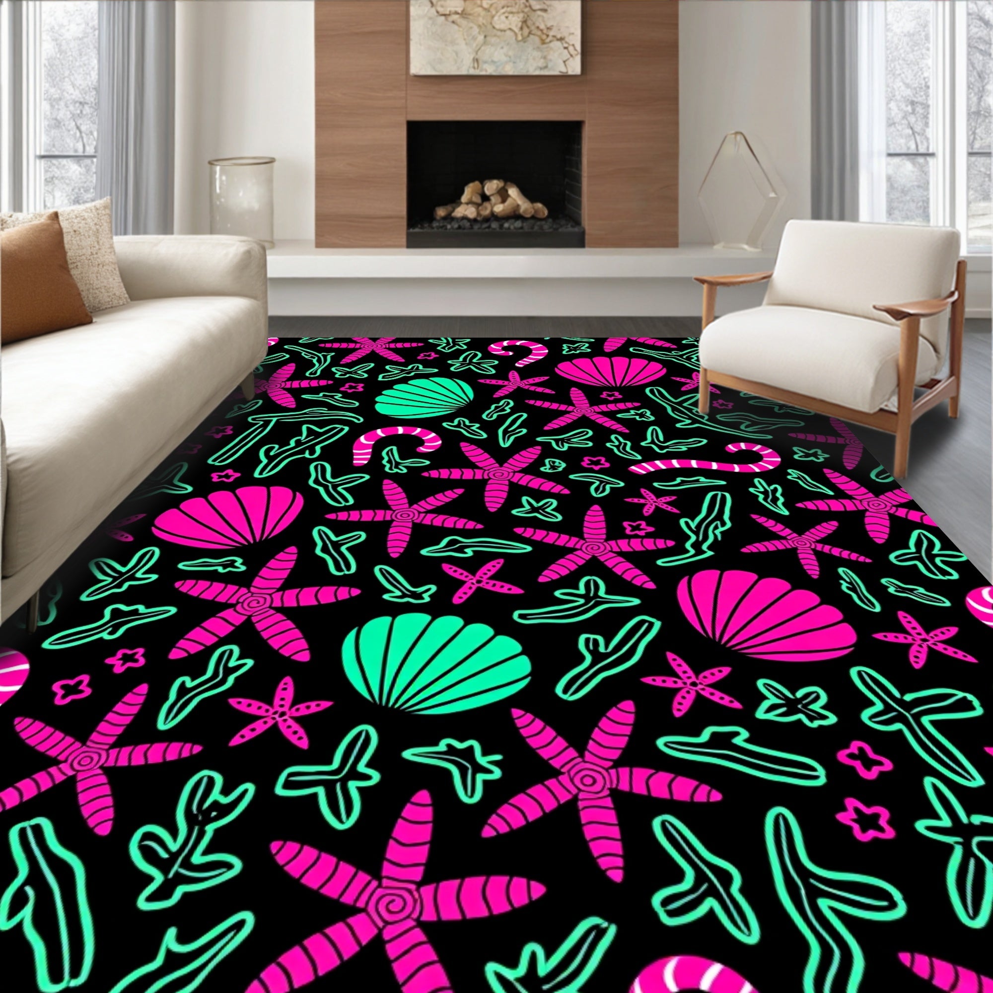 Bright Pink Teal Ocean Creatures Design Rug