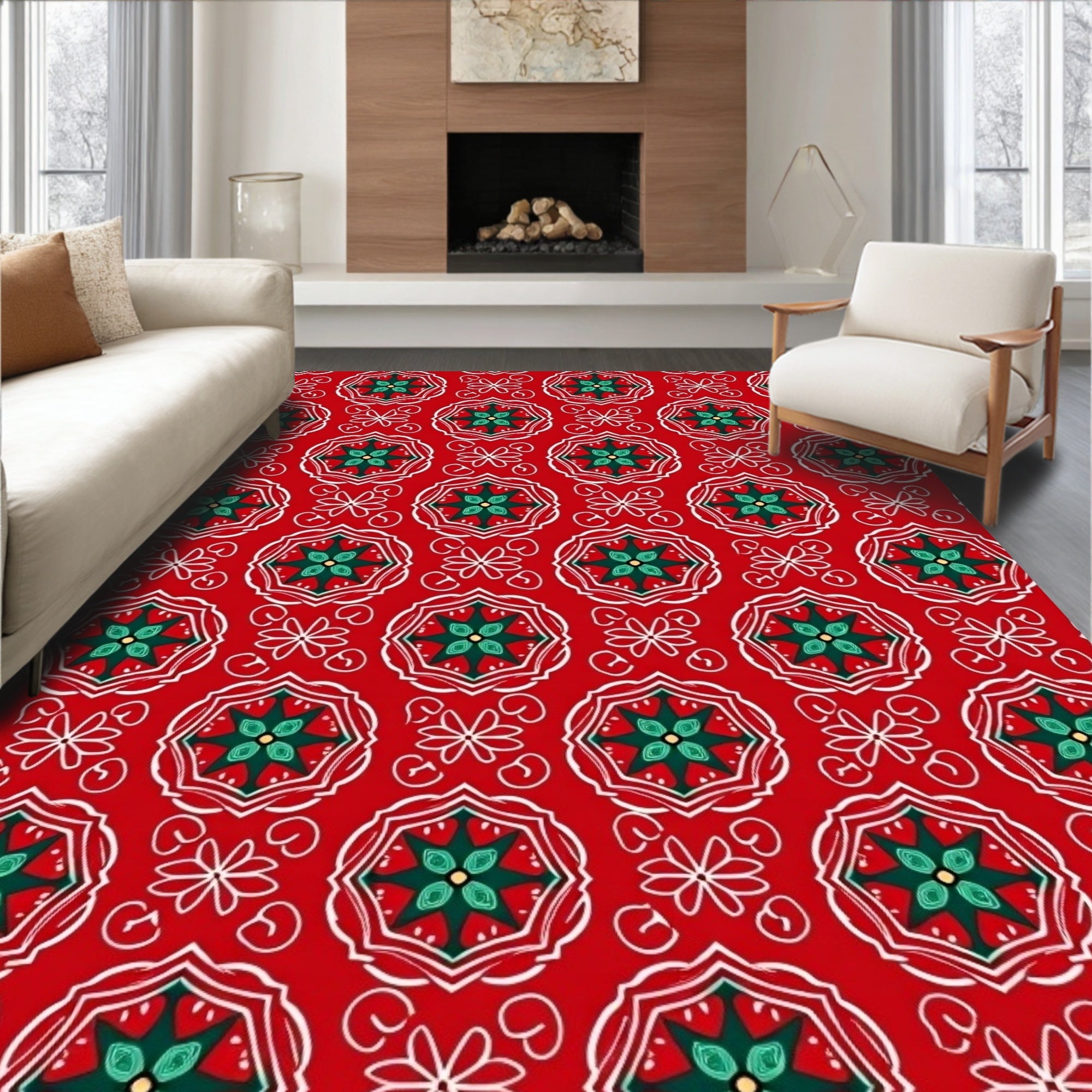Crimson Mandala Geometric Tile Art Rug