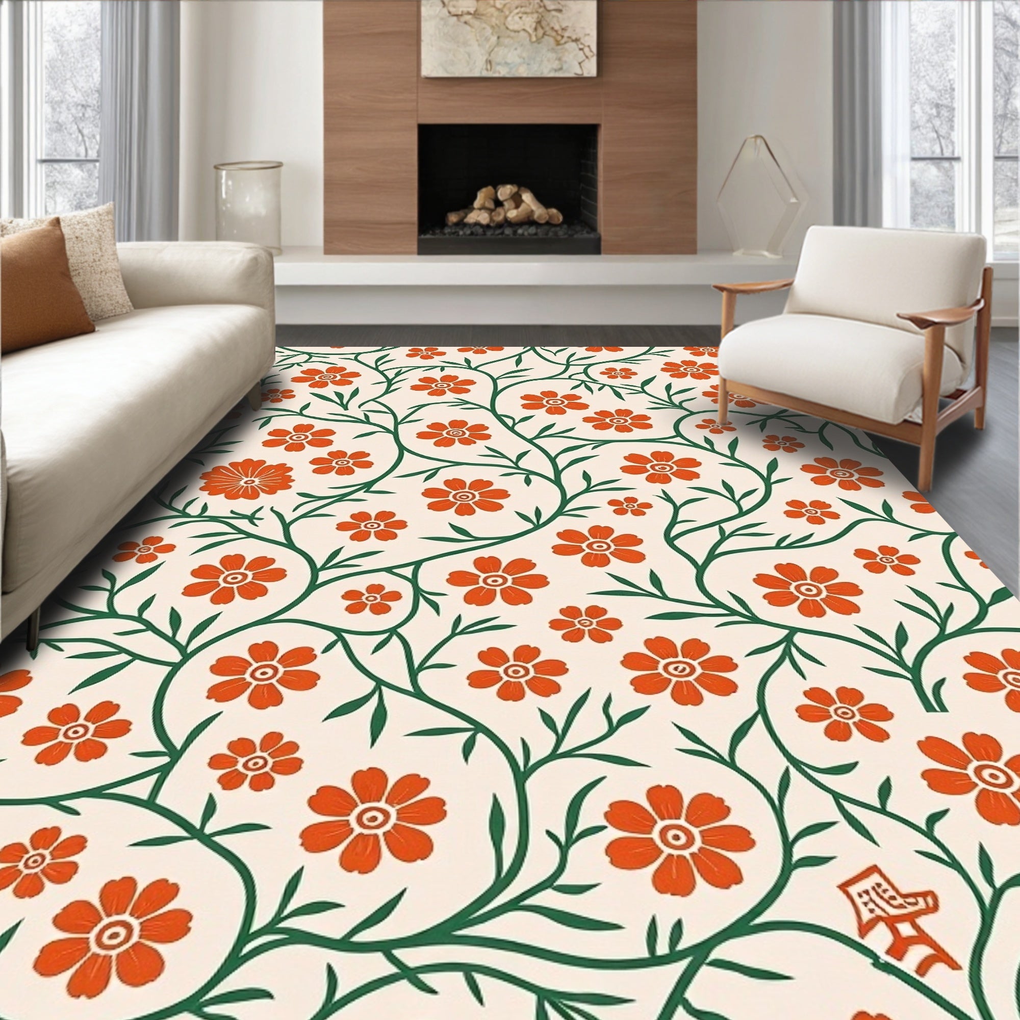 Cozy Orange Floral Vine Pattern Rug