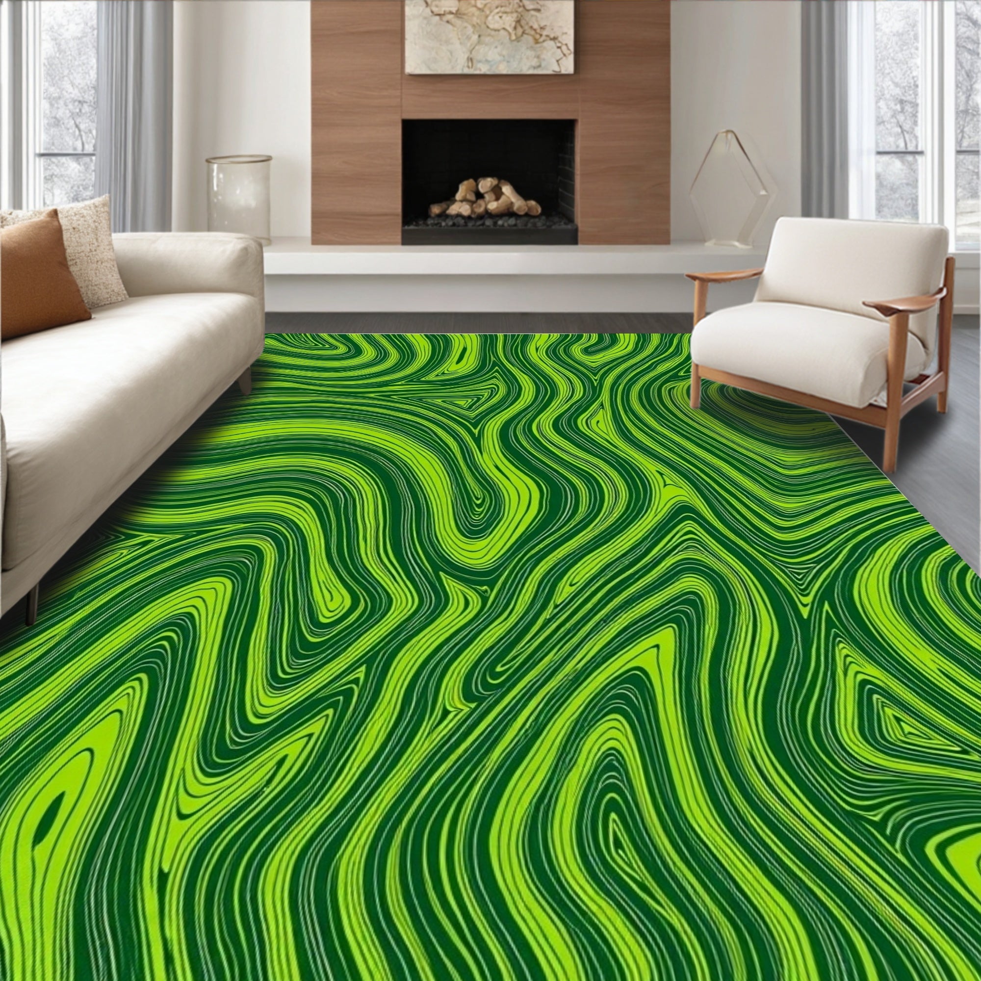 Vibrant Green Wavy Swirl Design Rug