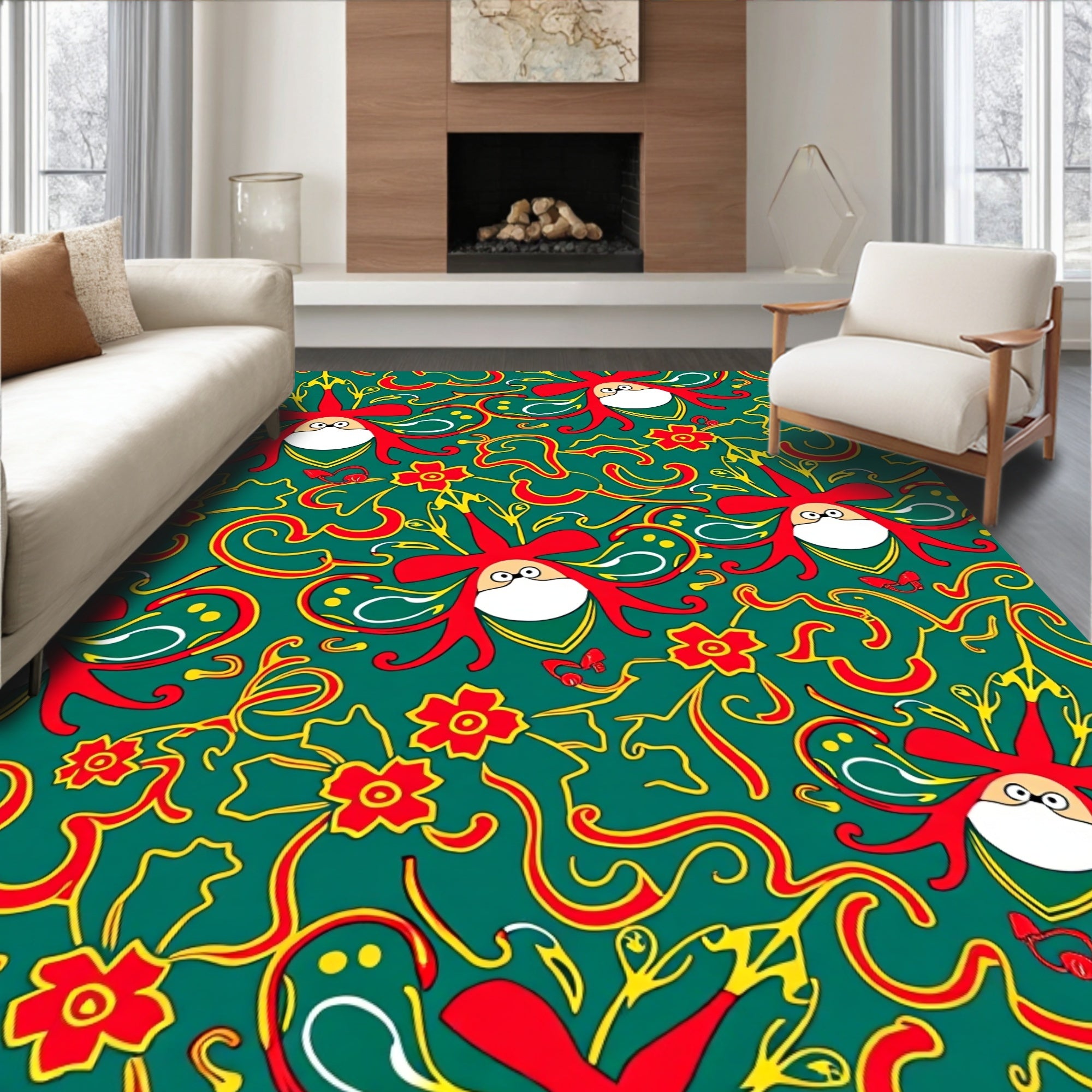 Whimsical Red Floral Swirls Teal Rug