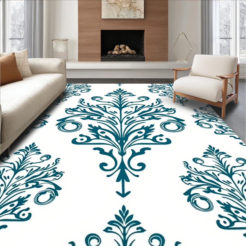 Symmetrical Teal Damask Scrollwork Pattern Rug