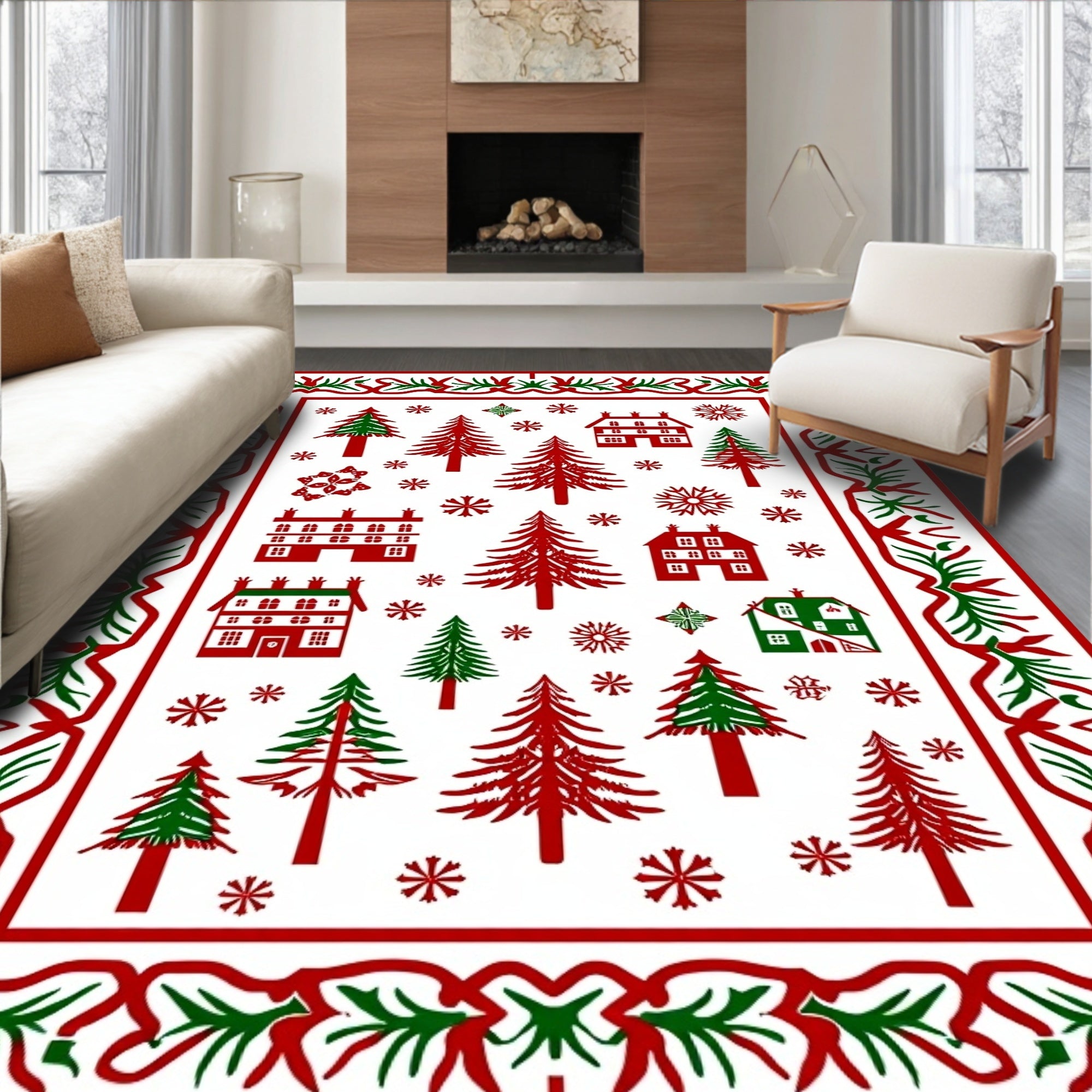 Winter Village Red Green Trees Snowflakes Rug