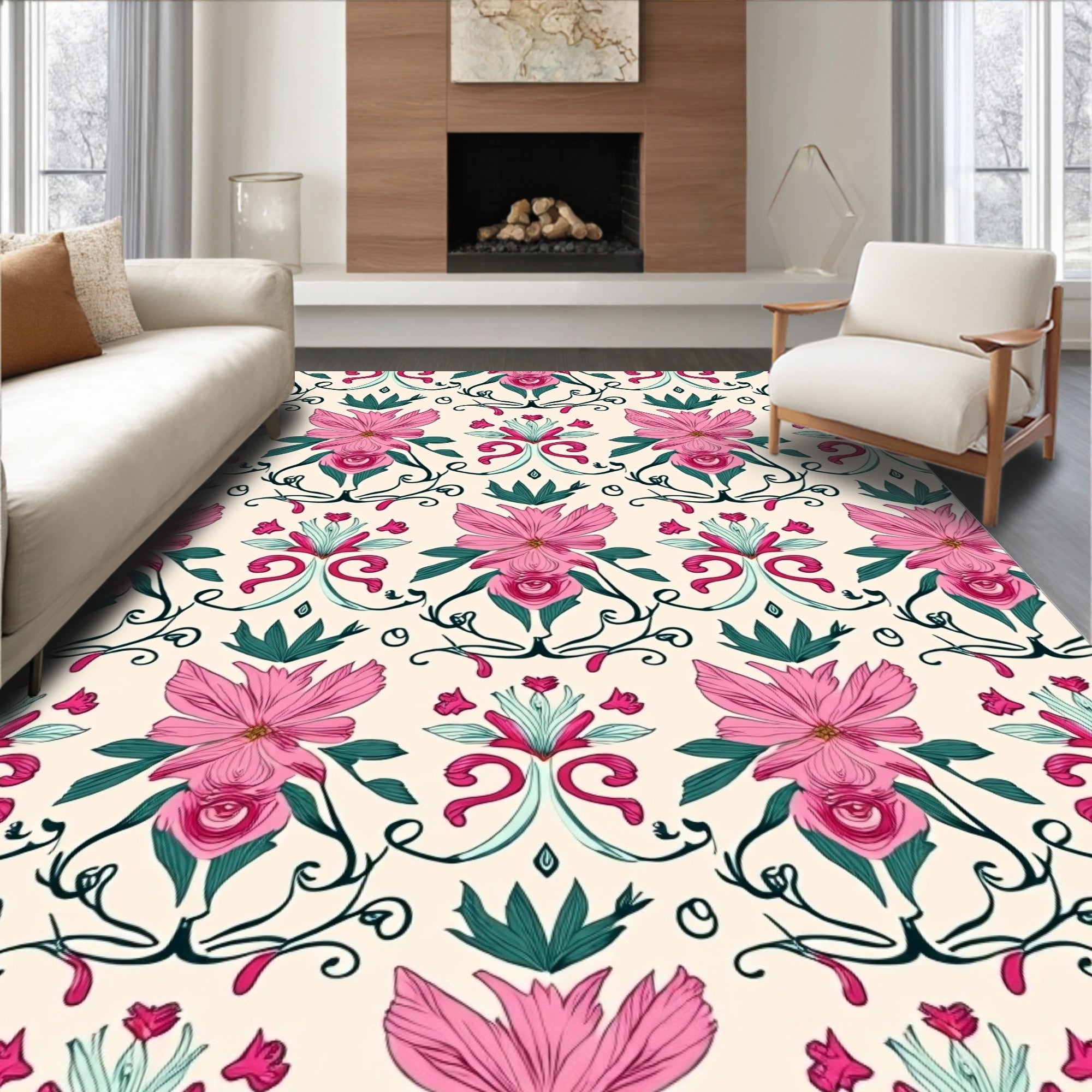 Pink Floral Baroque Pattern Rug