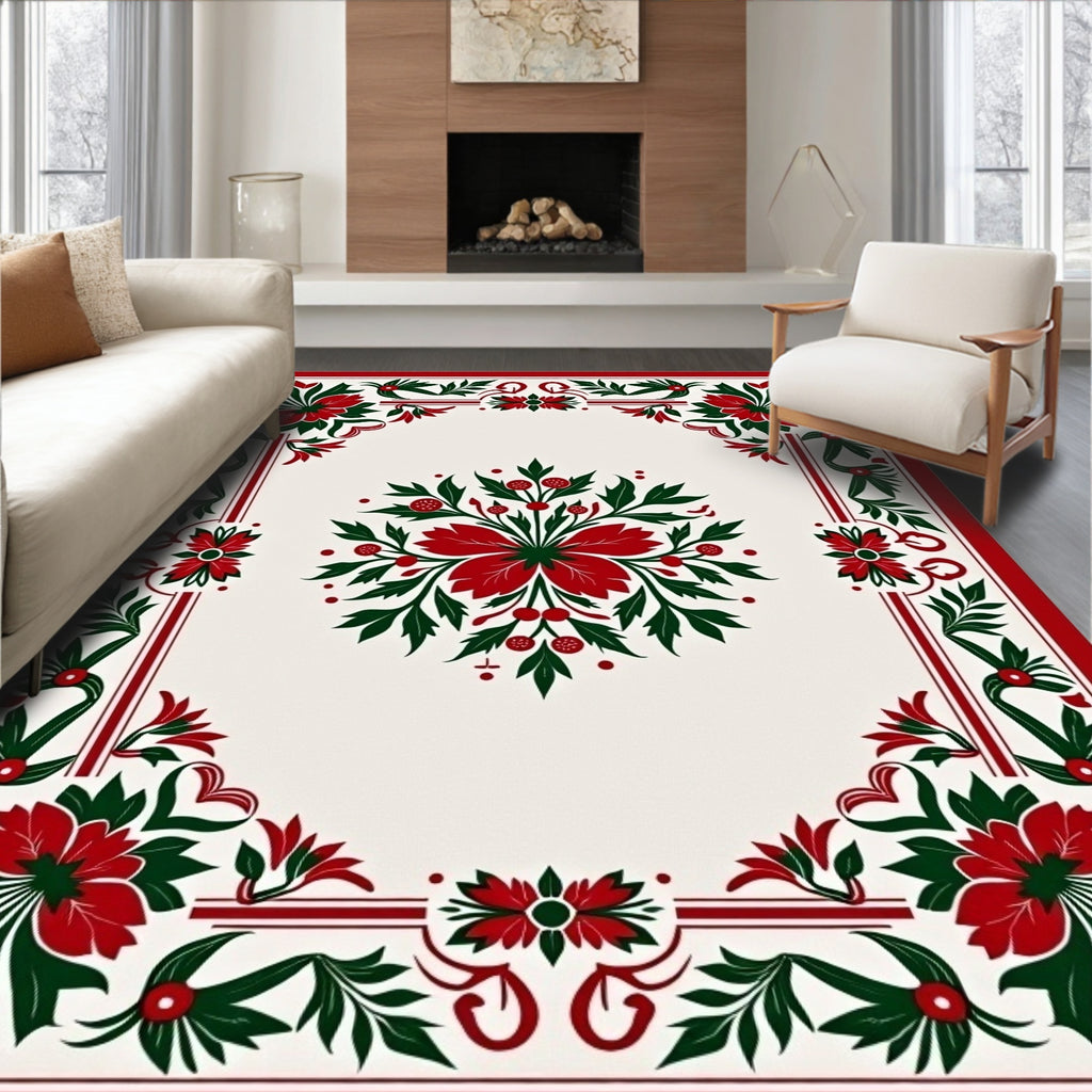 Red Green Floral Patterned Decorative Rug