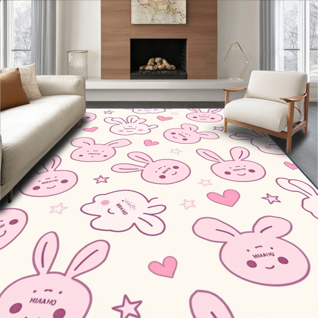 Cute Pink Bunny Heart Stars Design Rug