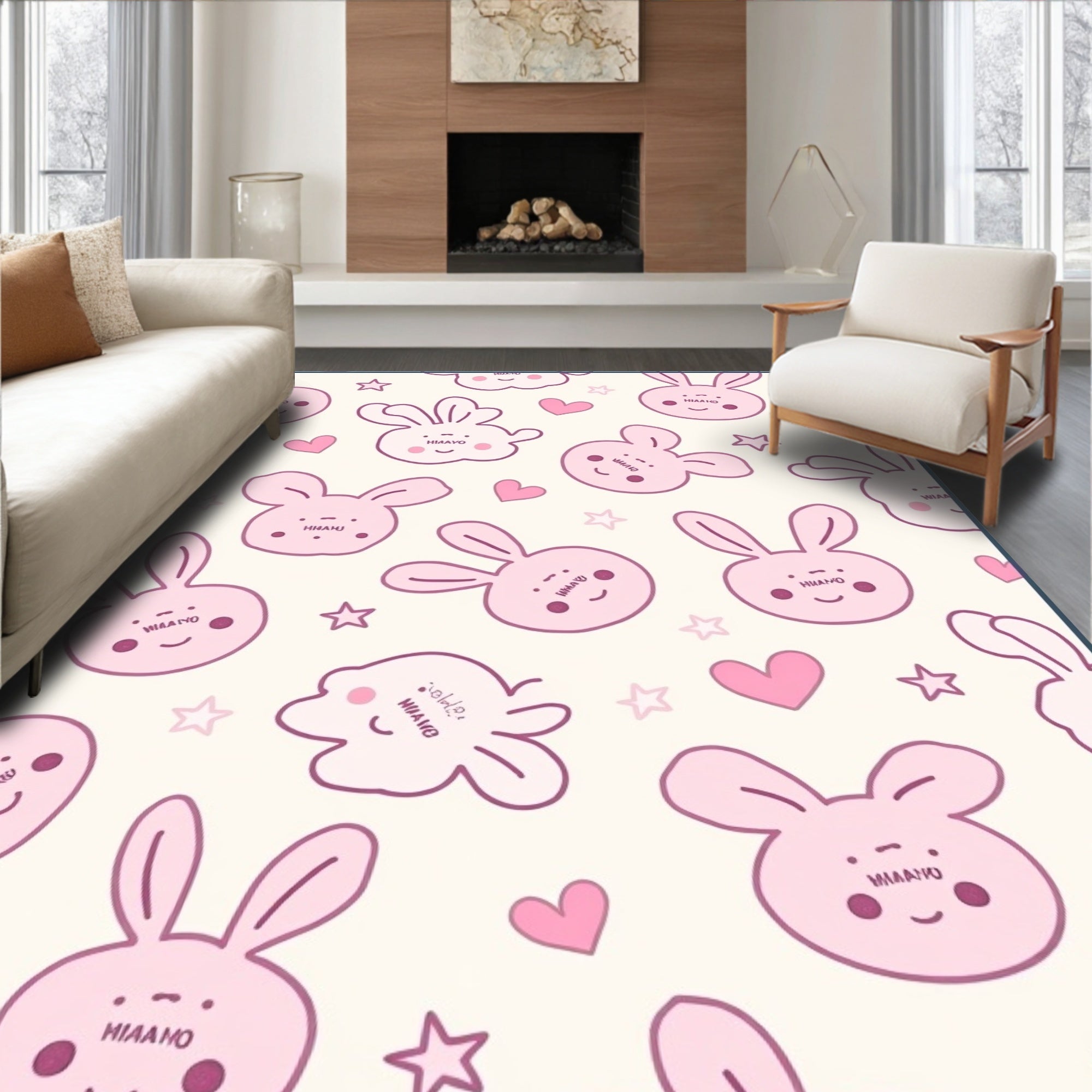 Cute Pink Bunny Heart Stars Design Rug