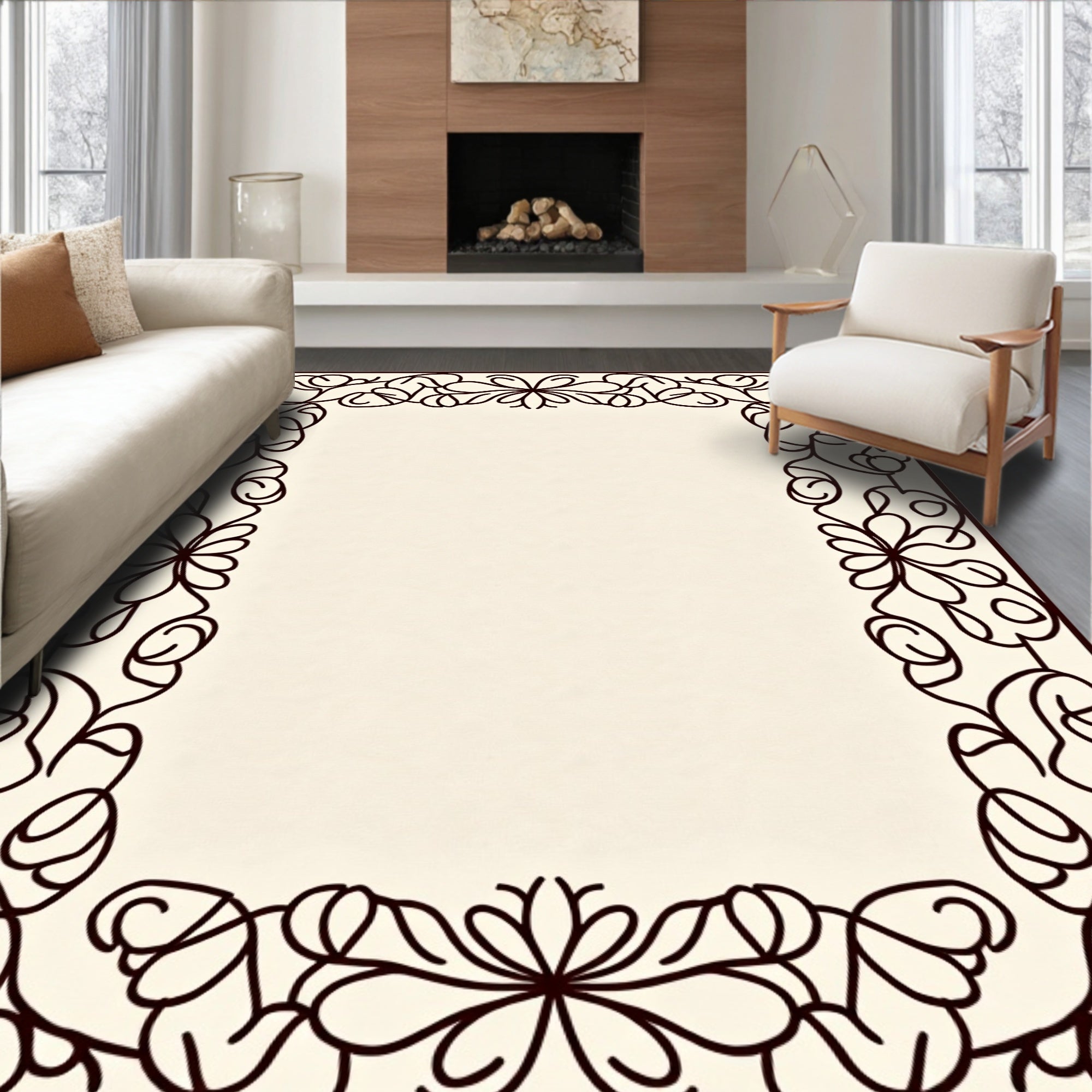 Ornate Floral Vine Border Design Rug