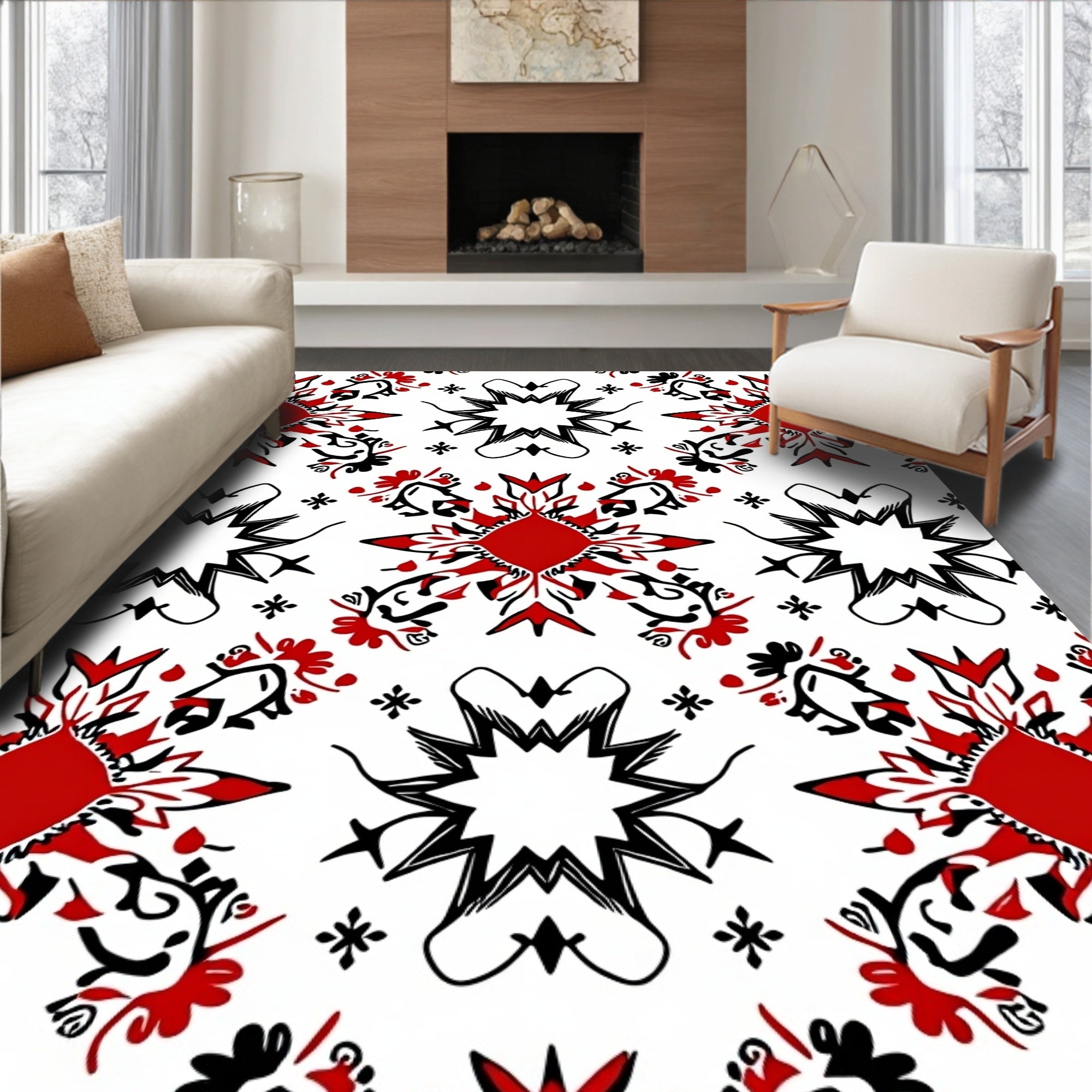 Bold Red Black Ornamental Star Rug