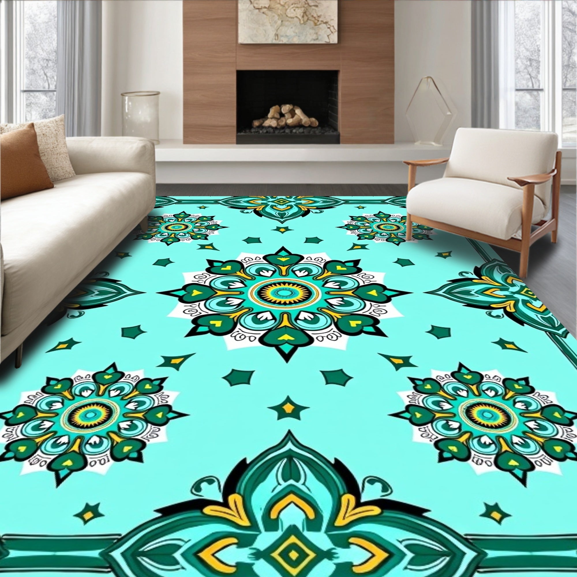 Aqua Teal Medallion Border Design Rug