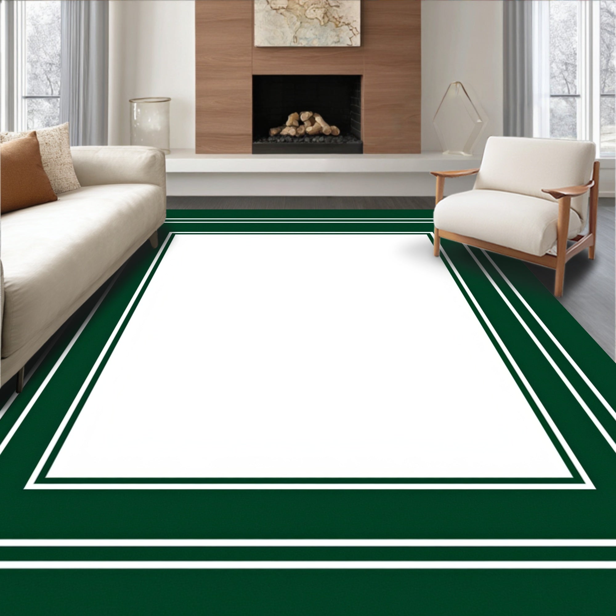 Elegant Dark Green White Border Rug