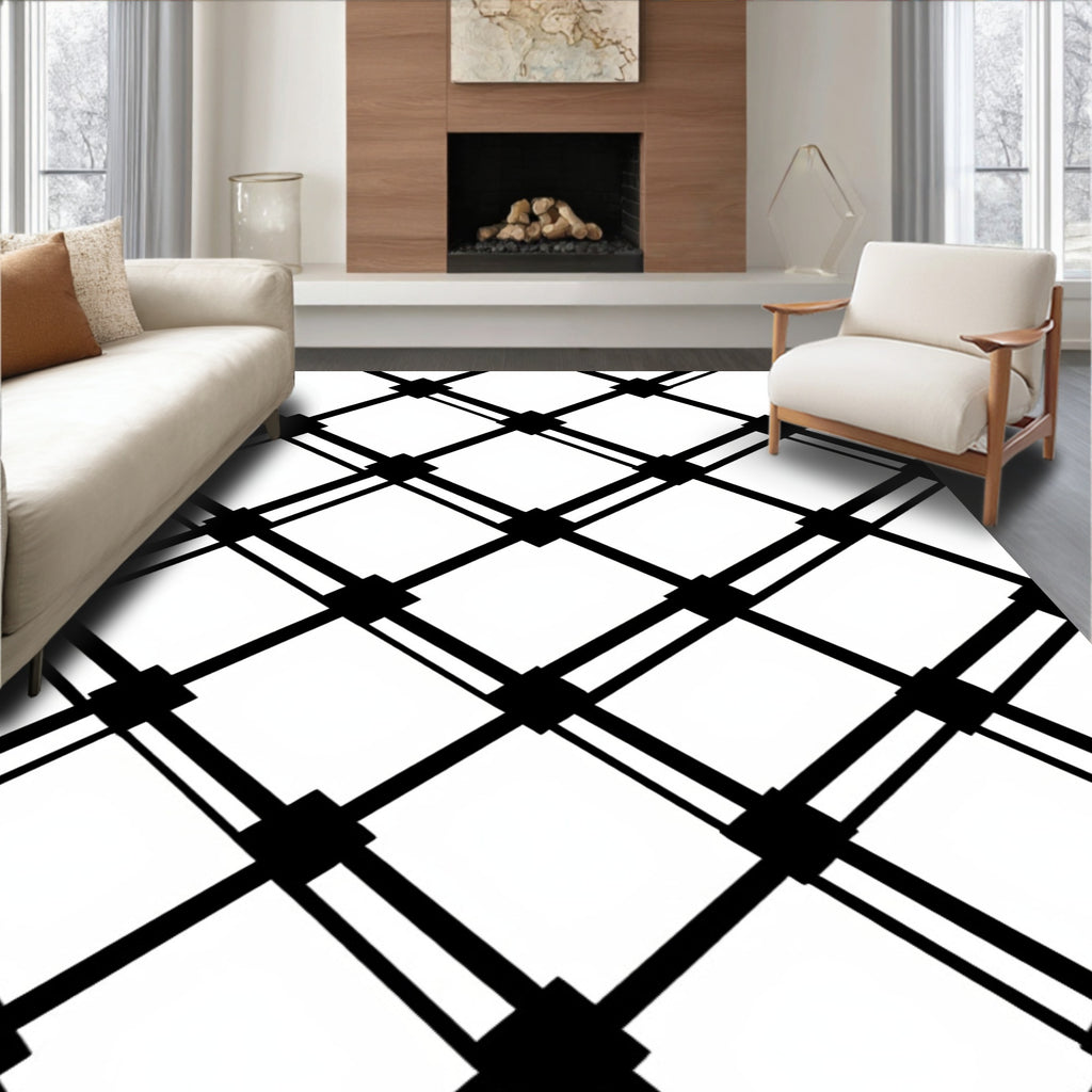 Minimalist Black White Diamond Grid Rug