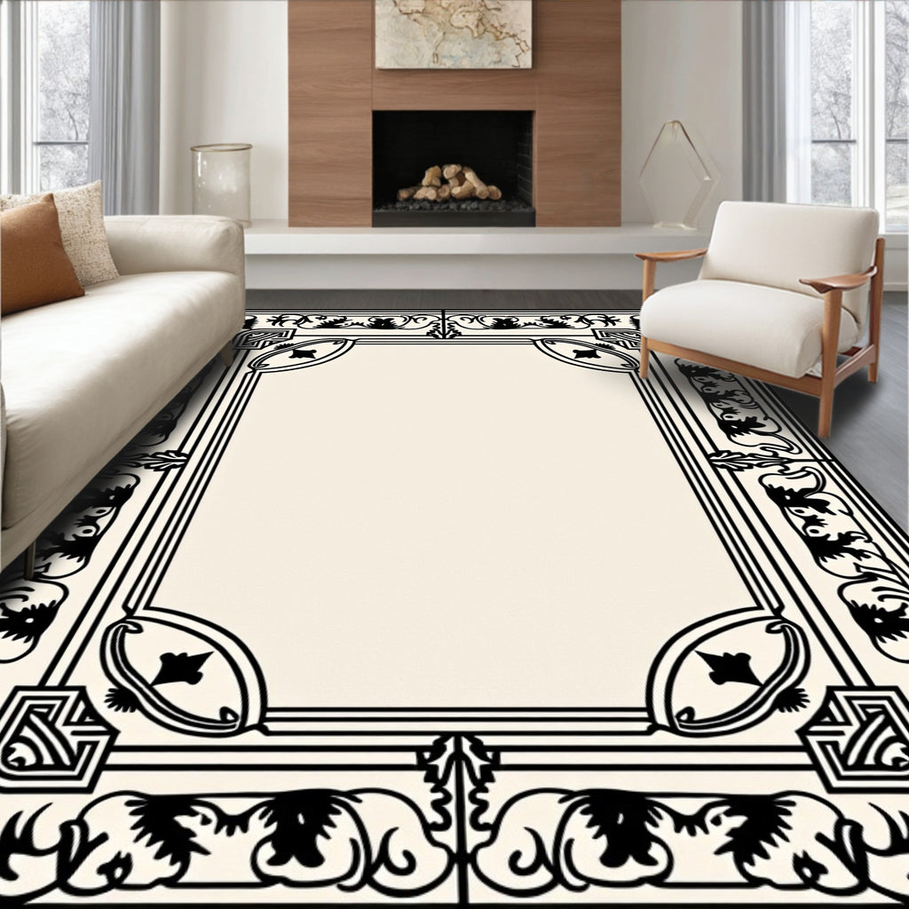 Ornate Black Floral Border Design Rug