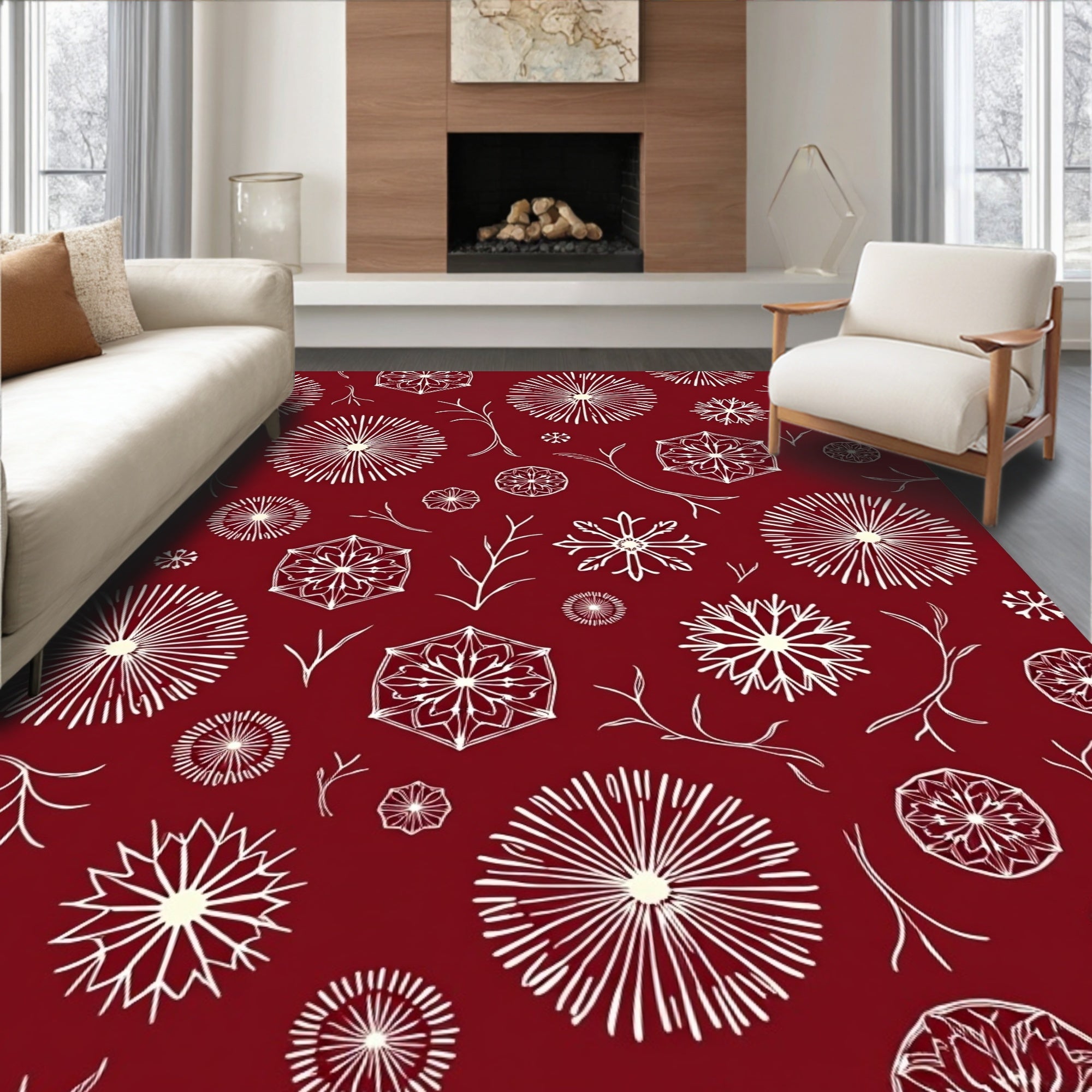 White Snowflake Sunburst Geometric Pattern Rug