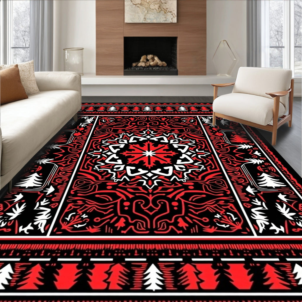 Intricate Red White Abstract Forest Pattern Rug