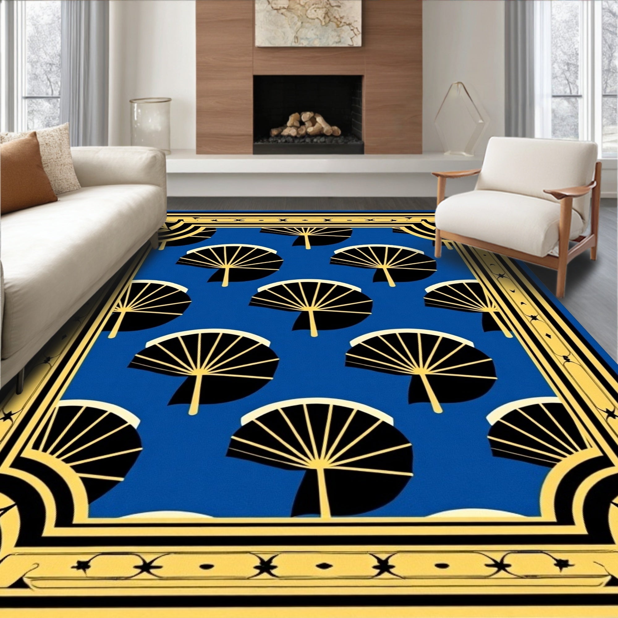 Blue Fan Pattern Art Deco Rug