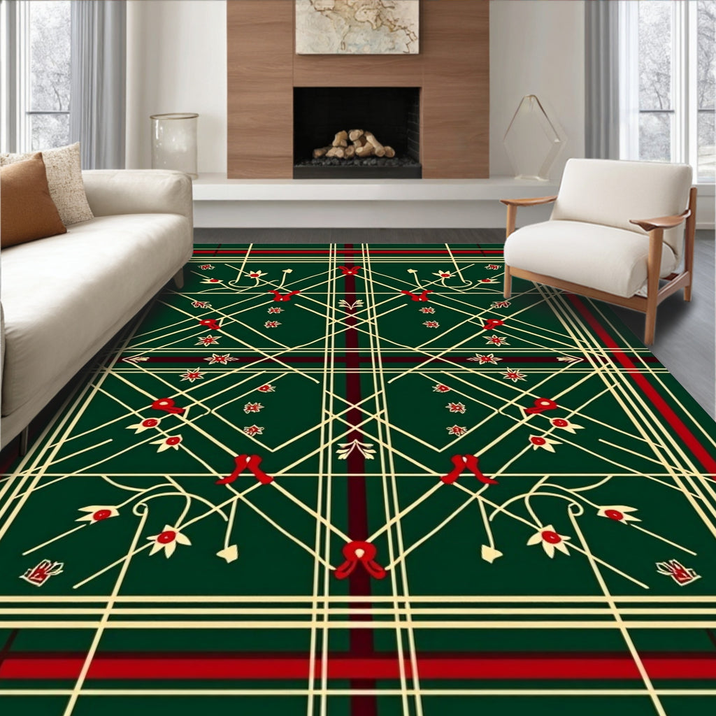 Green Red Cream Tartan Floral Vines Rug