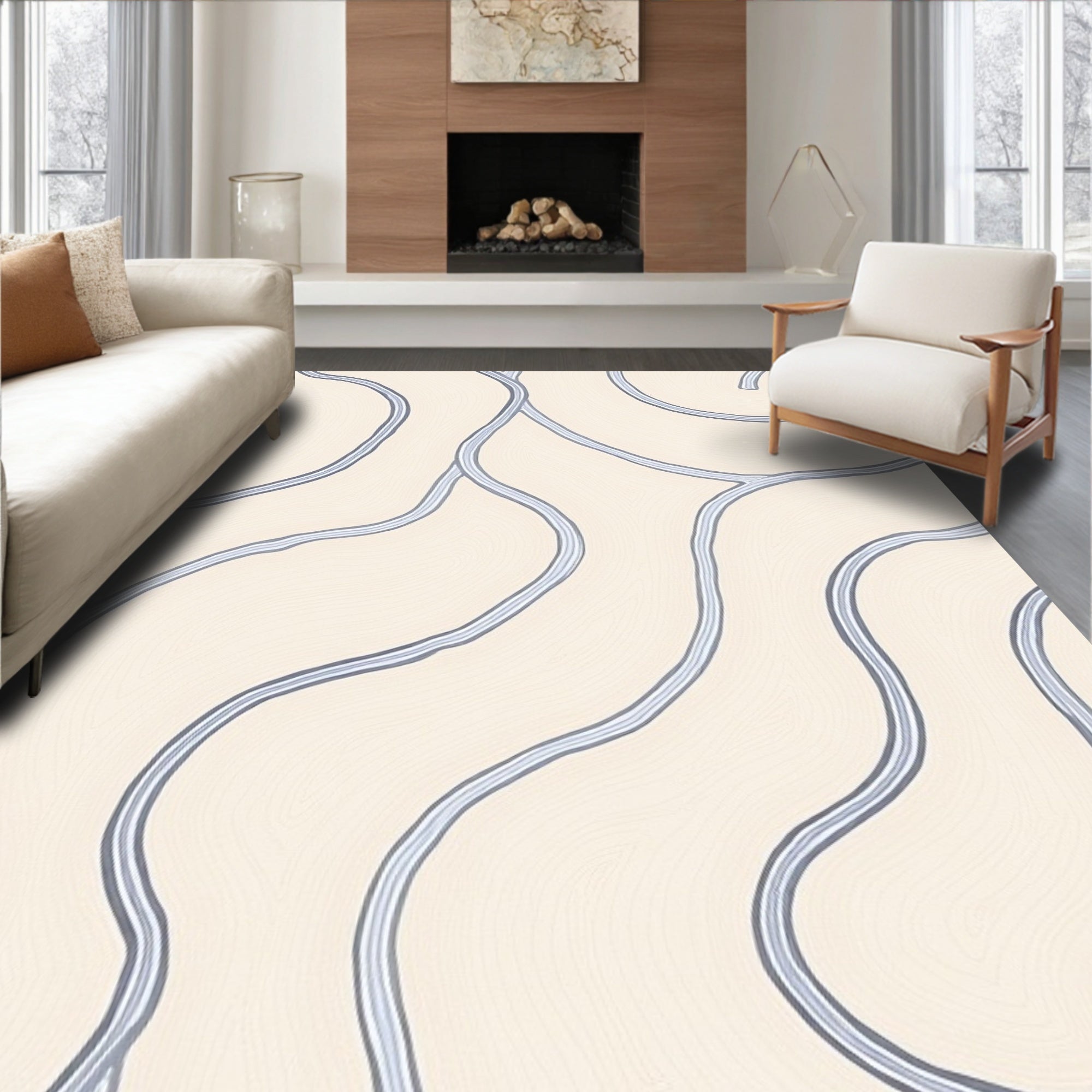 Subtle Wavy Beige Blue Pattern Rug