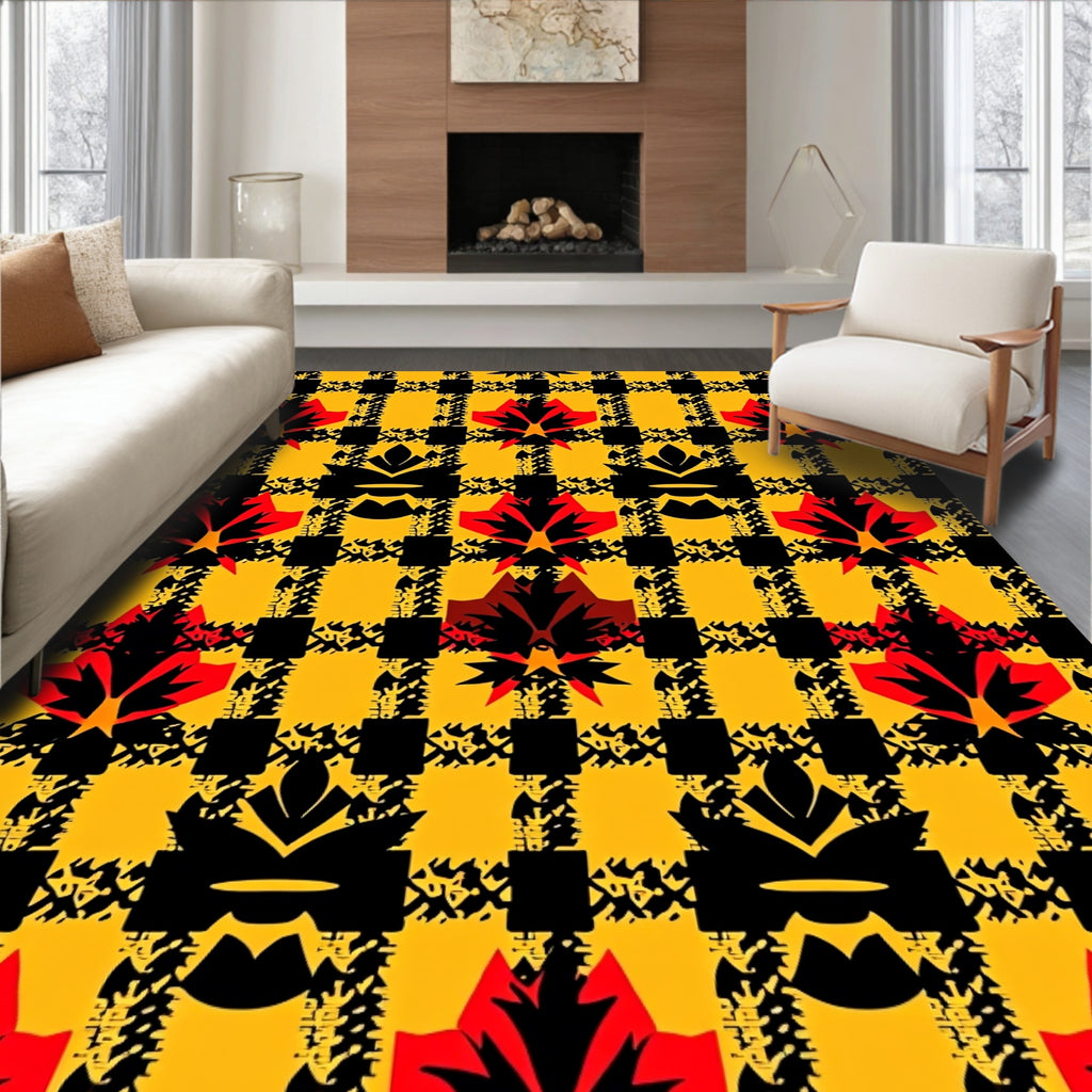 Bold Plaid Red Floral Pattern Rug