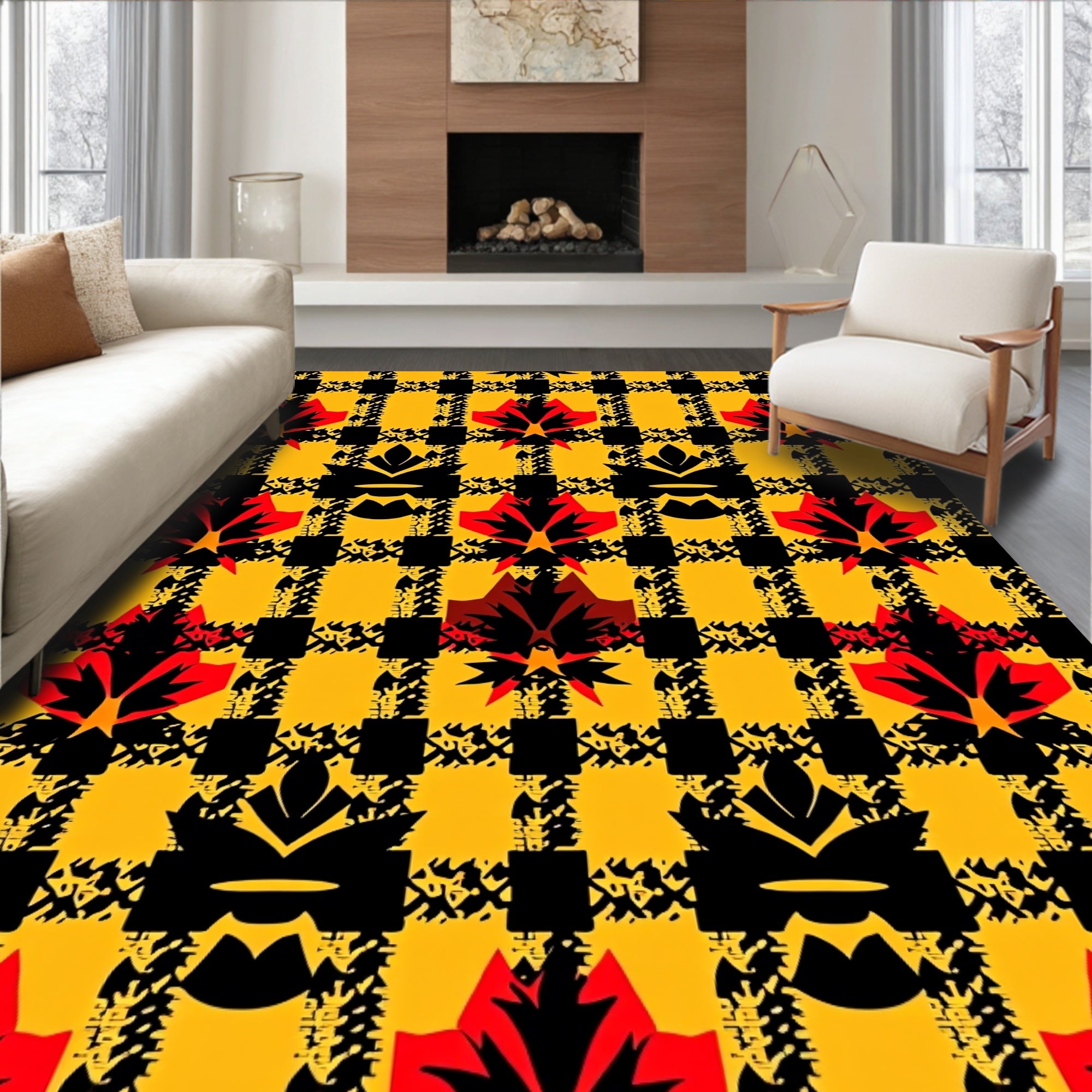 Bold Plaid Red Floral Pattern Rug