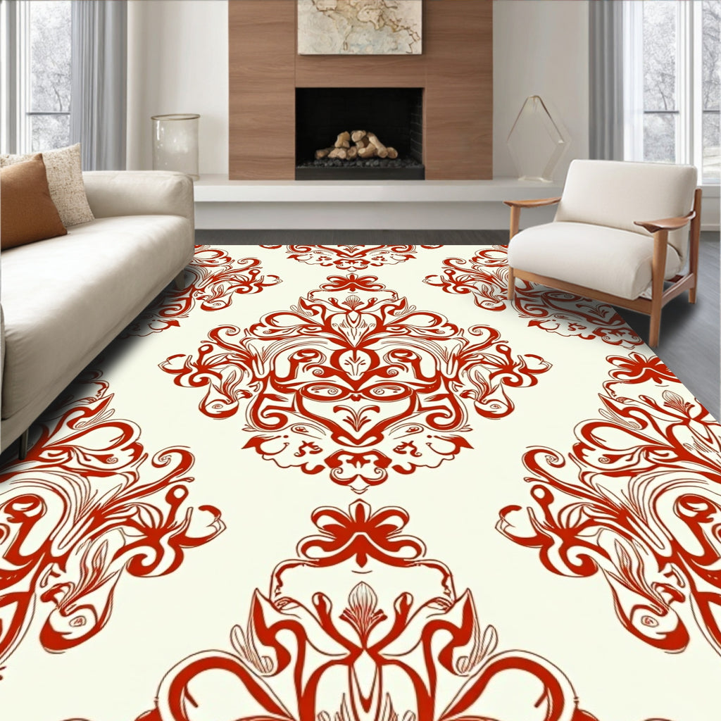 Red Ornate Flourish Pattern Rug