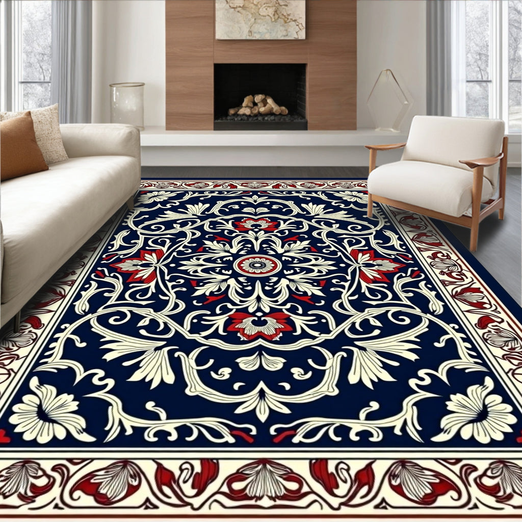 Ornate Floral Vines Navy Rug