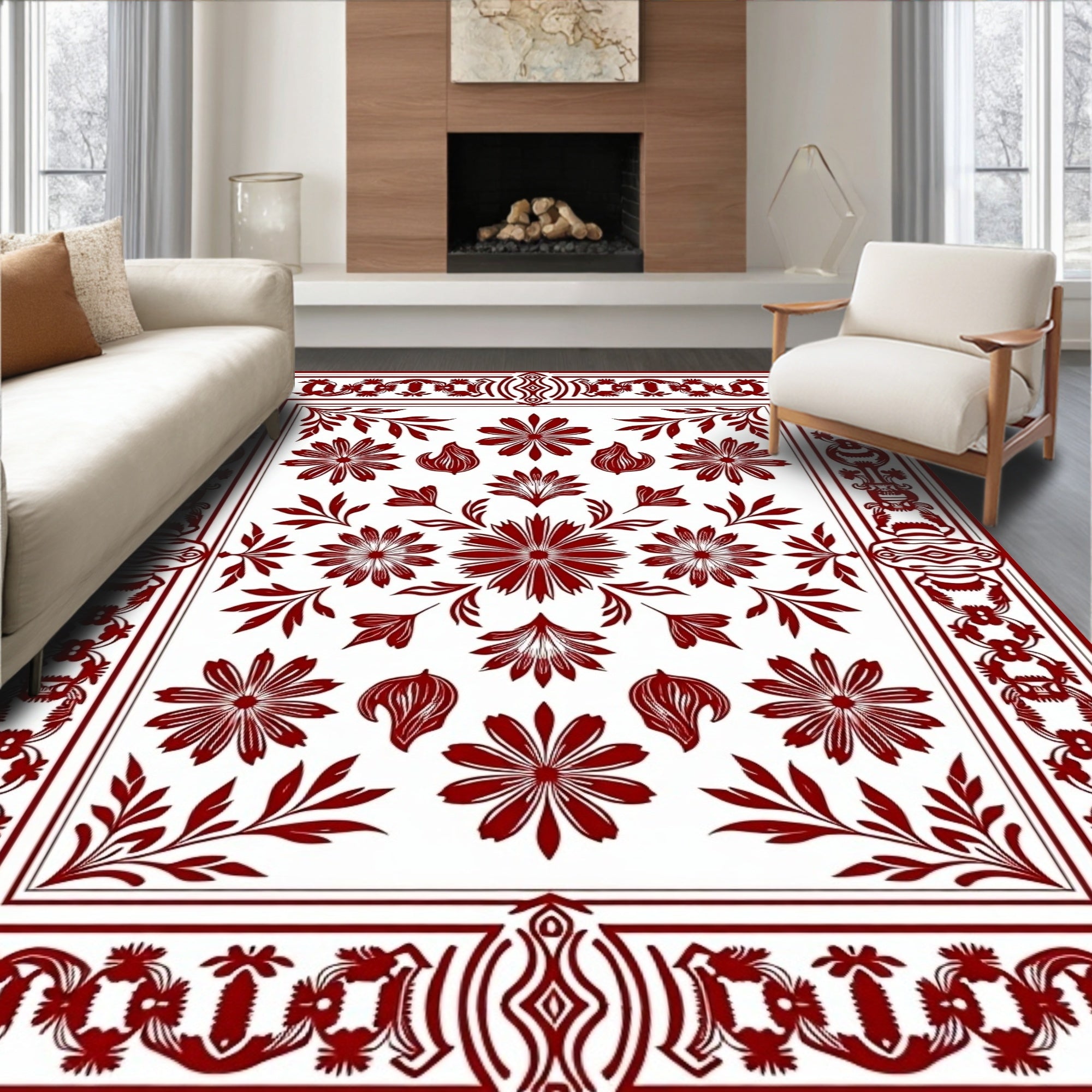 Regal Floral Bordered All-Over Design Rug