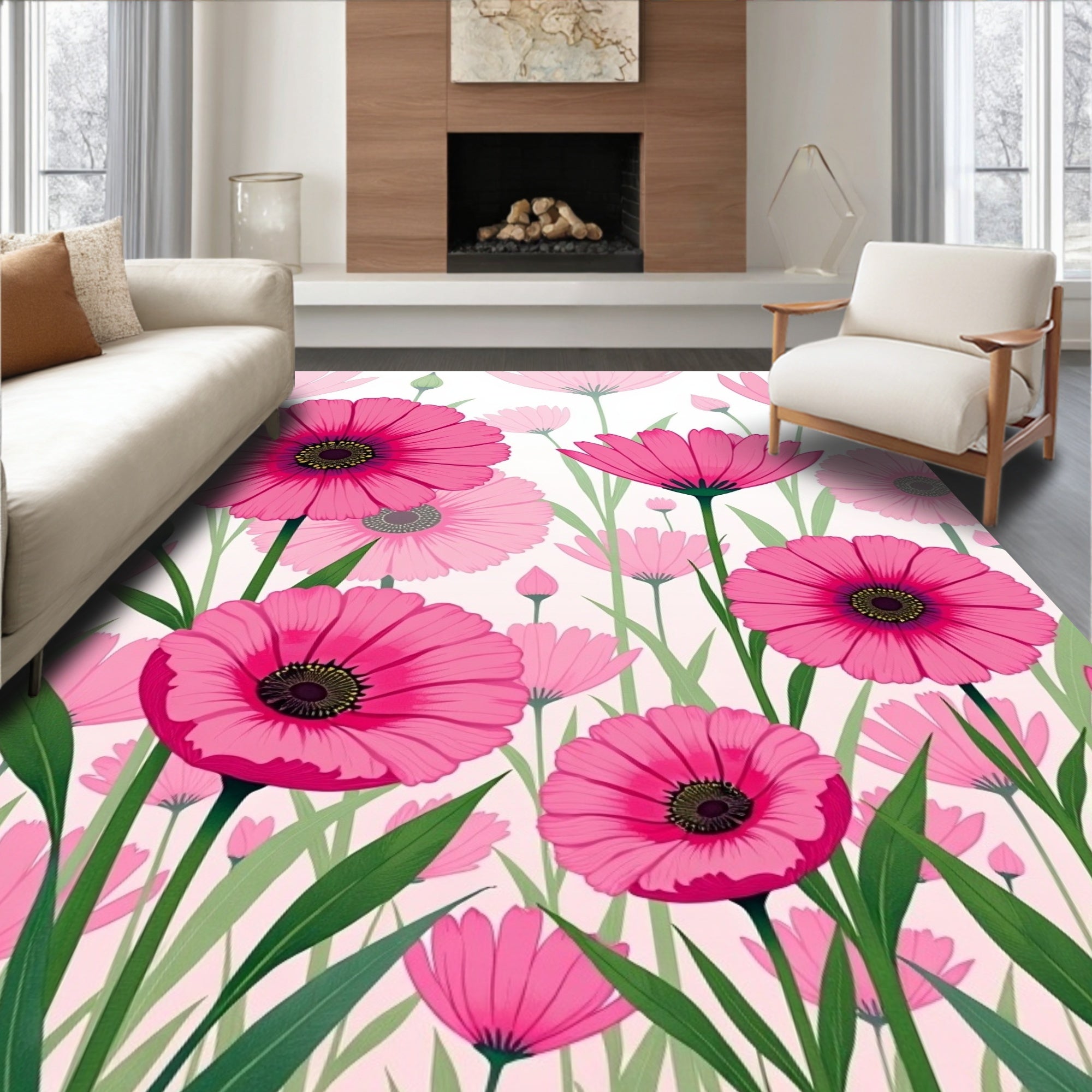 Pink Floral Garden Pattern Rug