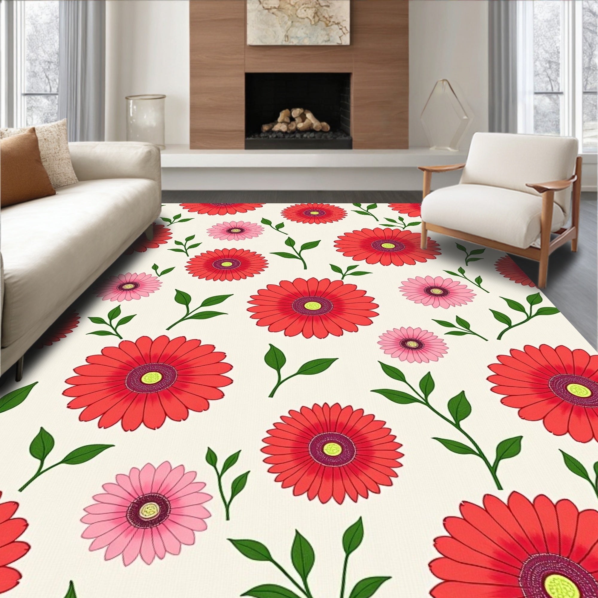 Bright Floral Pattern with Green Stems Rug